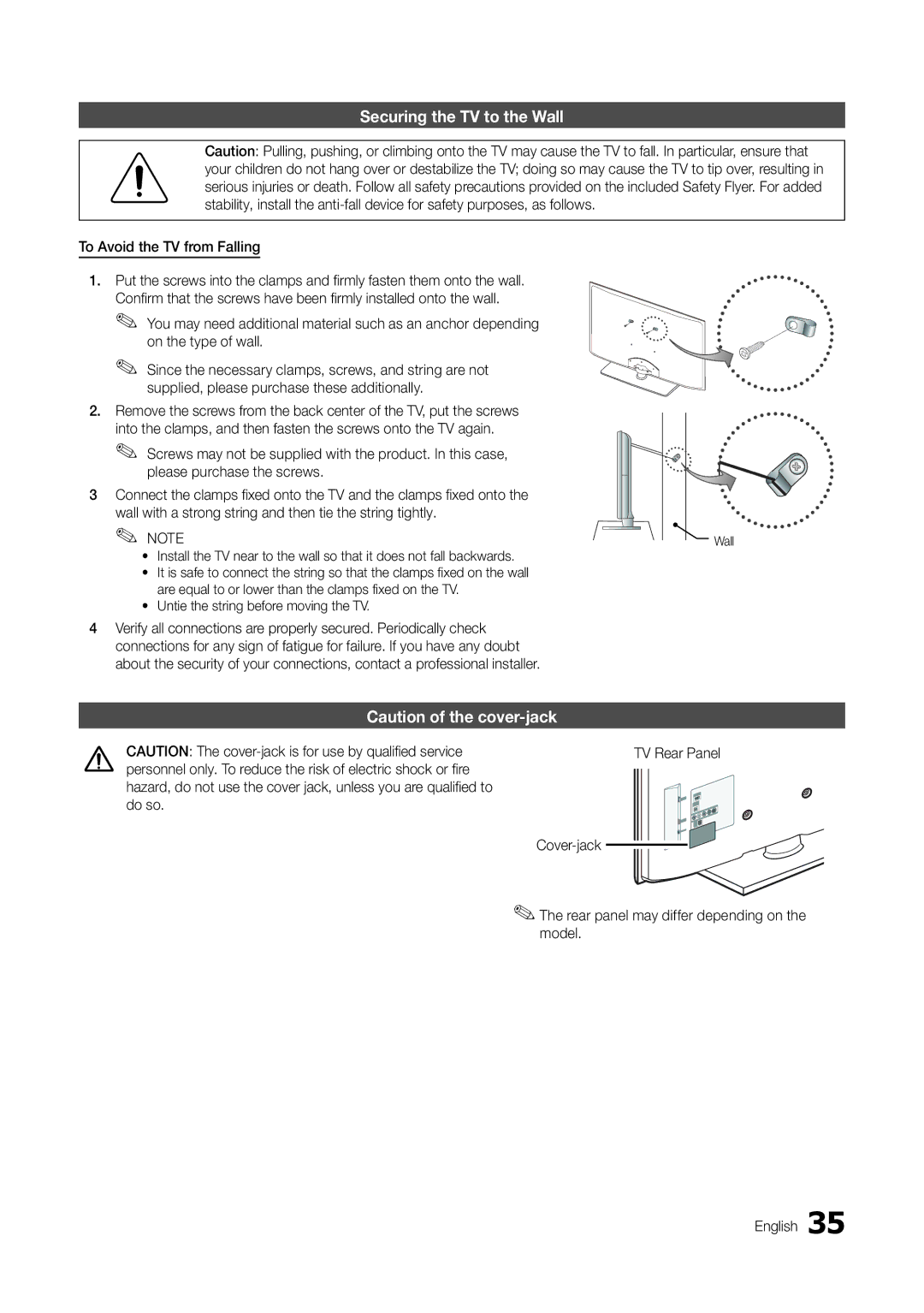 Samsung HG46NB678FFXZA Securing the TV to the Wall, To Avoid the TV from Falling, Untie the string before moving the TV 