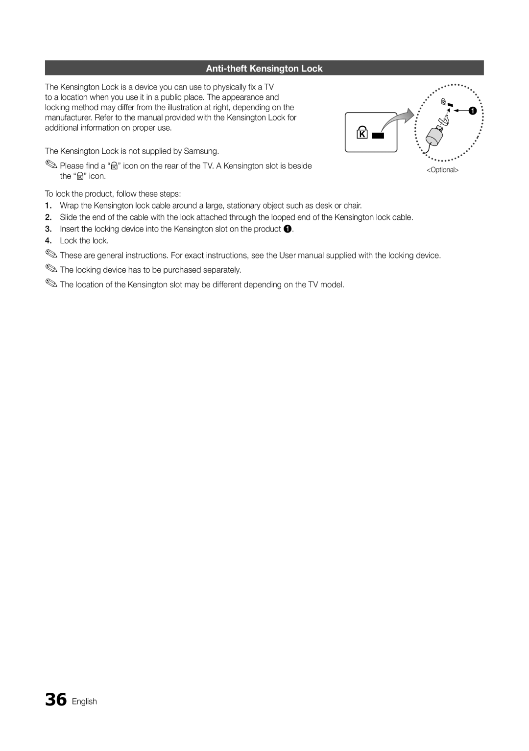 Samsung HG46NB678FFXZA installation manual Anti-theft Kensington Lock, Optional 