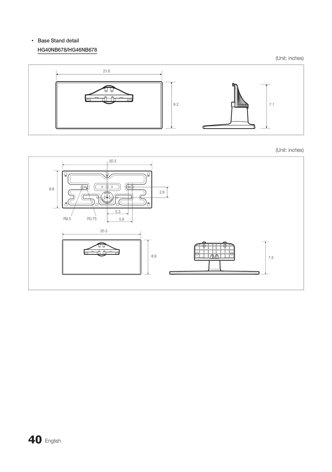 Samsung HG46NB678FFXZA installation manual Base Stand detail HG40NB678/HG46NB678, Unit inches English 