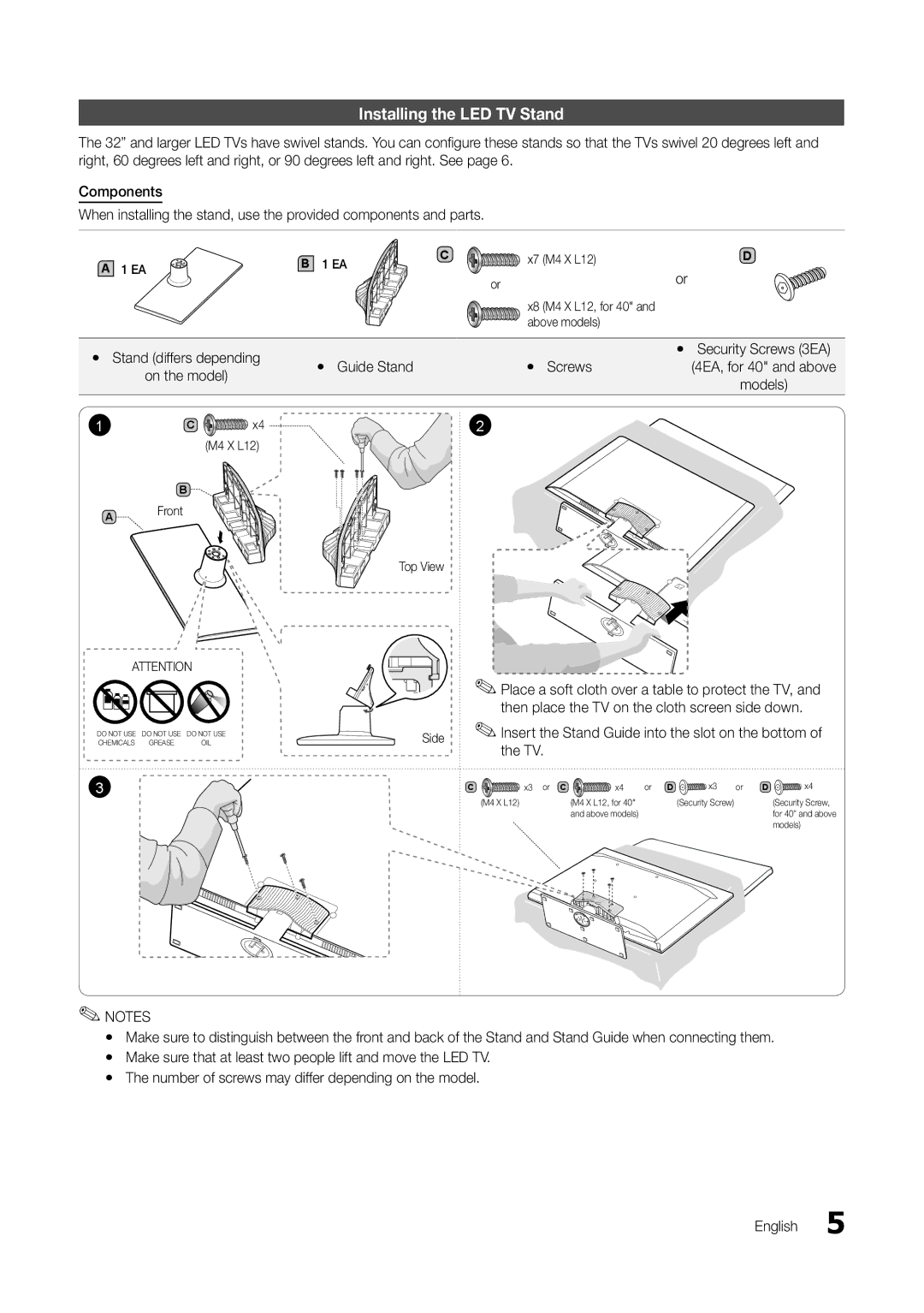 Samsung HG46NB678FFXZA Installing the LED TV Stand, Yy Stand differs depending, Yy Guide Stand Yy Screws, On the model 