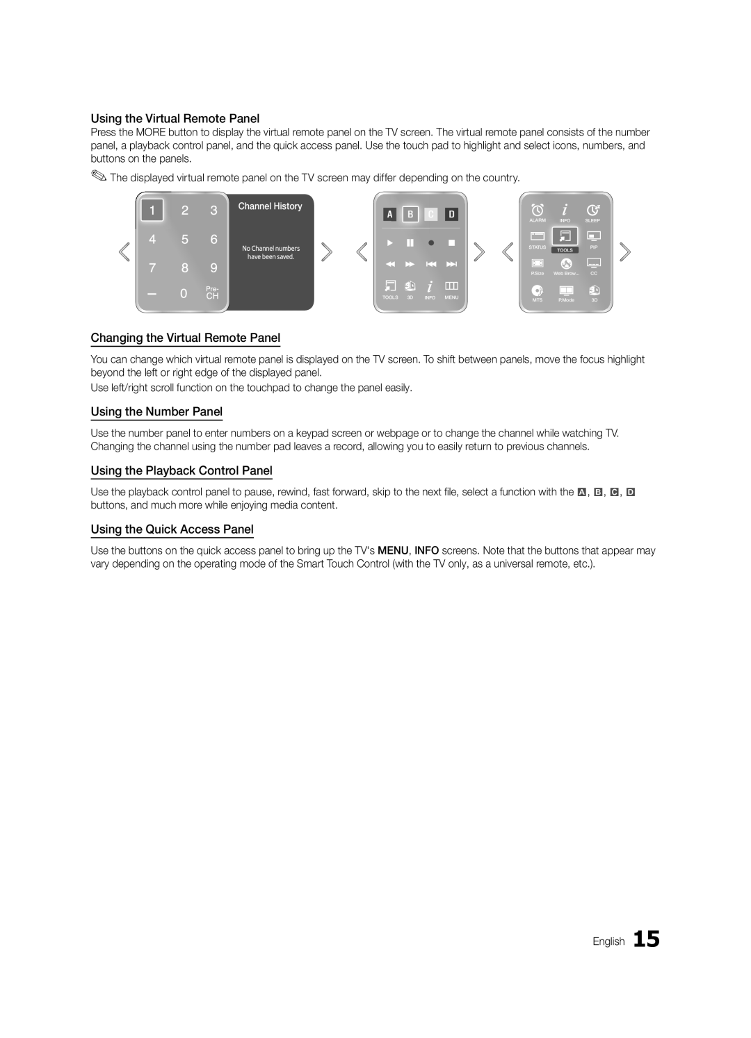 Samsung HG46NB890XFXZA Using the Virtual Remote Panel, Changing the Virtual Remote Panel, Using the Number Panel 