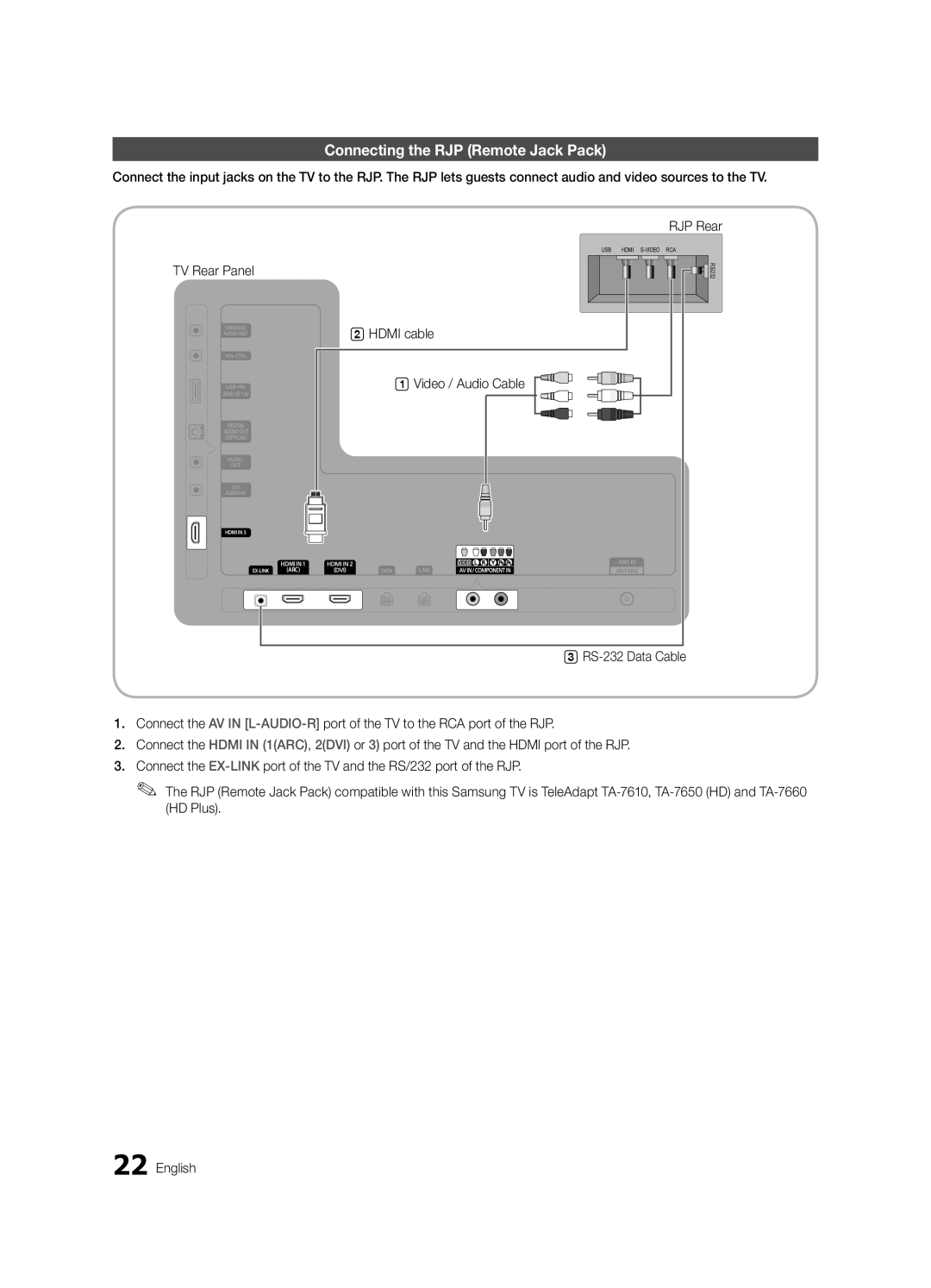 Samsung HG65NB890XFXZA, HG46NB890XFXZA installation manual Connecting the RJP Remote Jack Pack, Video / Audio Cable 