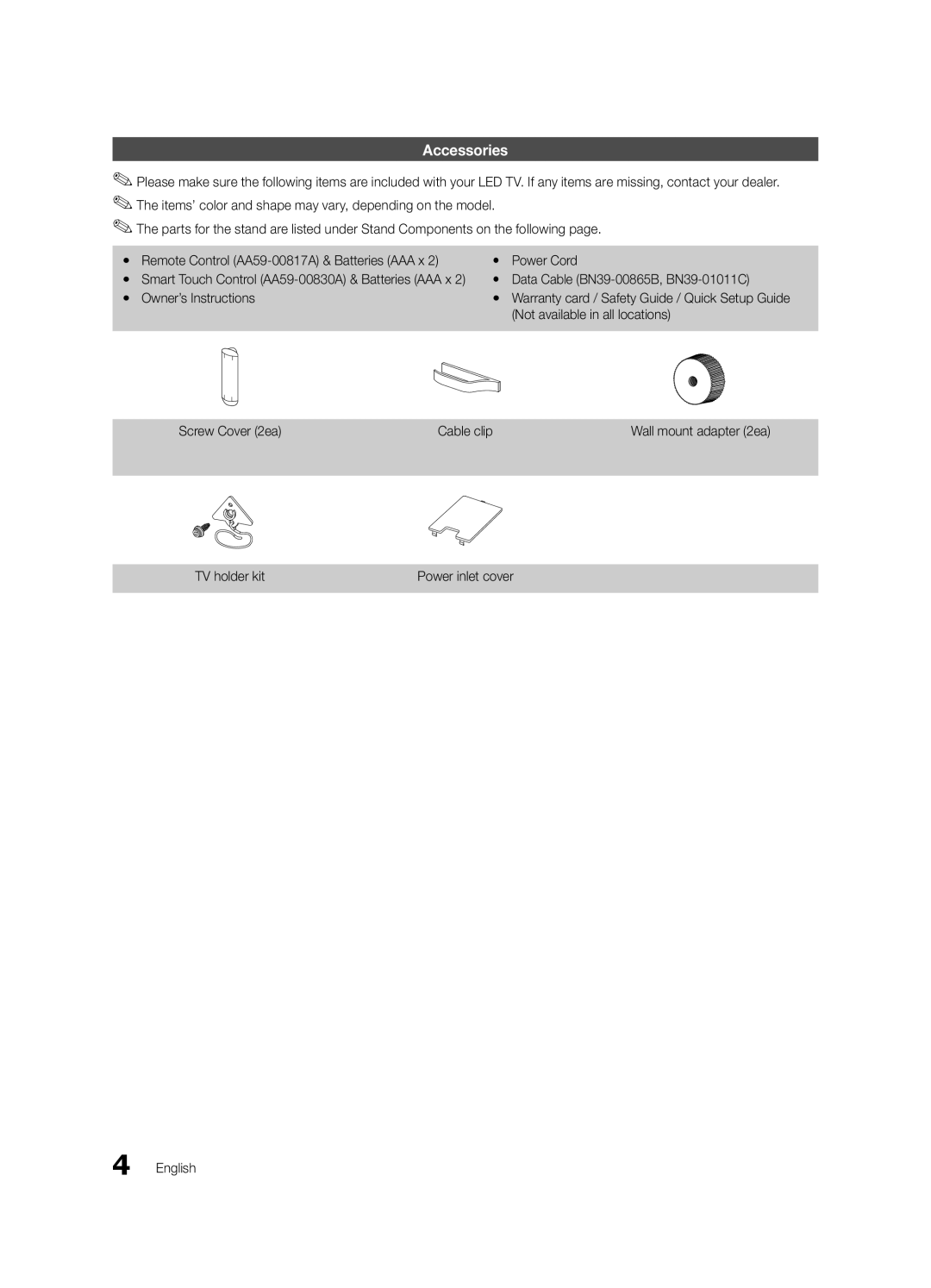 Samsung HG65NB890XFXZA, HG46NB890XFXZA installation manual Accessories 