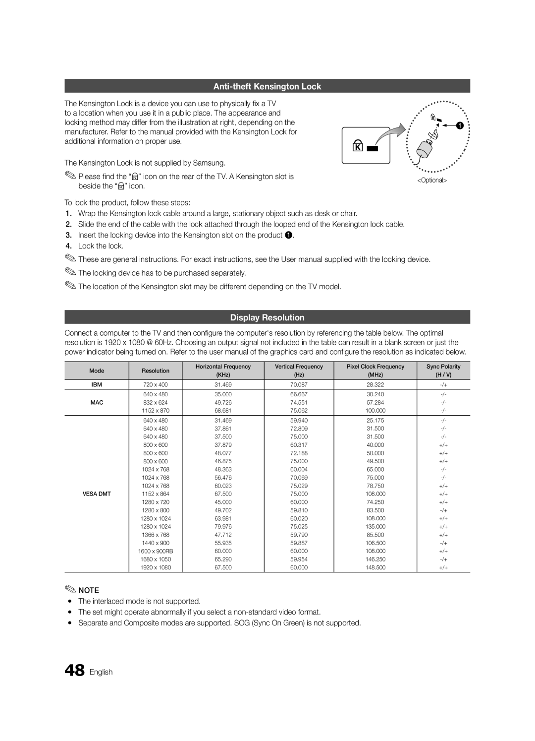 Samsung HG65NB890XFXZA, HG46NB890XFXZA installation manual Anti-theft Kensington Lock, Display Resolution, Optional 