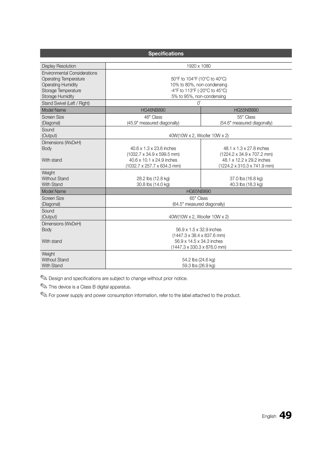 Samsung HG46NB890XFXZA, HG65NB890XFXZA installation manual Specifications 