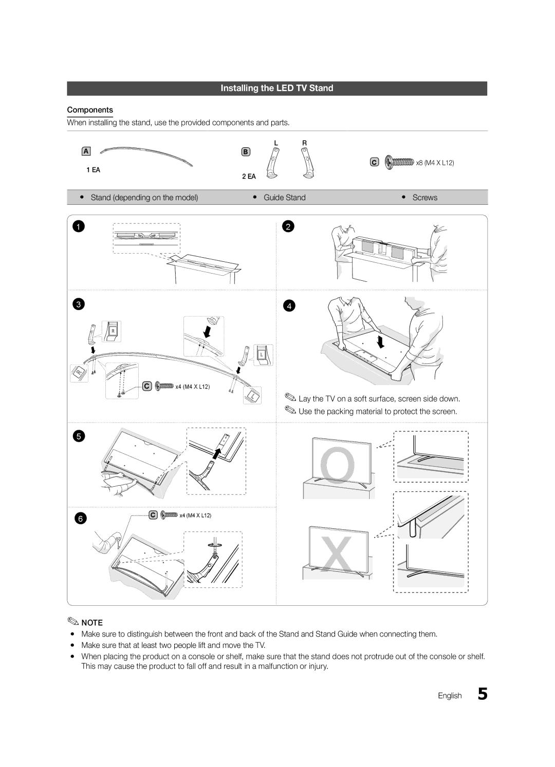 Samsung HG46NB890XFXZA Installing the LED TV Stand, Yy Guide Stand Yy Screws, Yy Stand depending on the model 