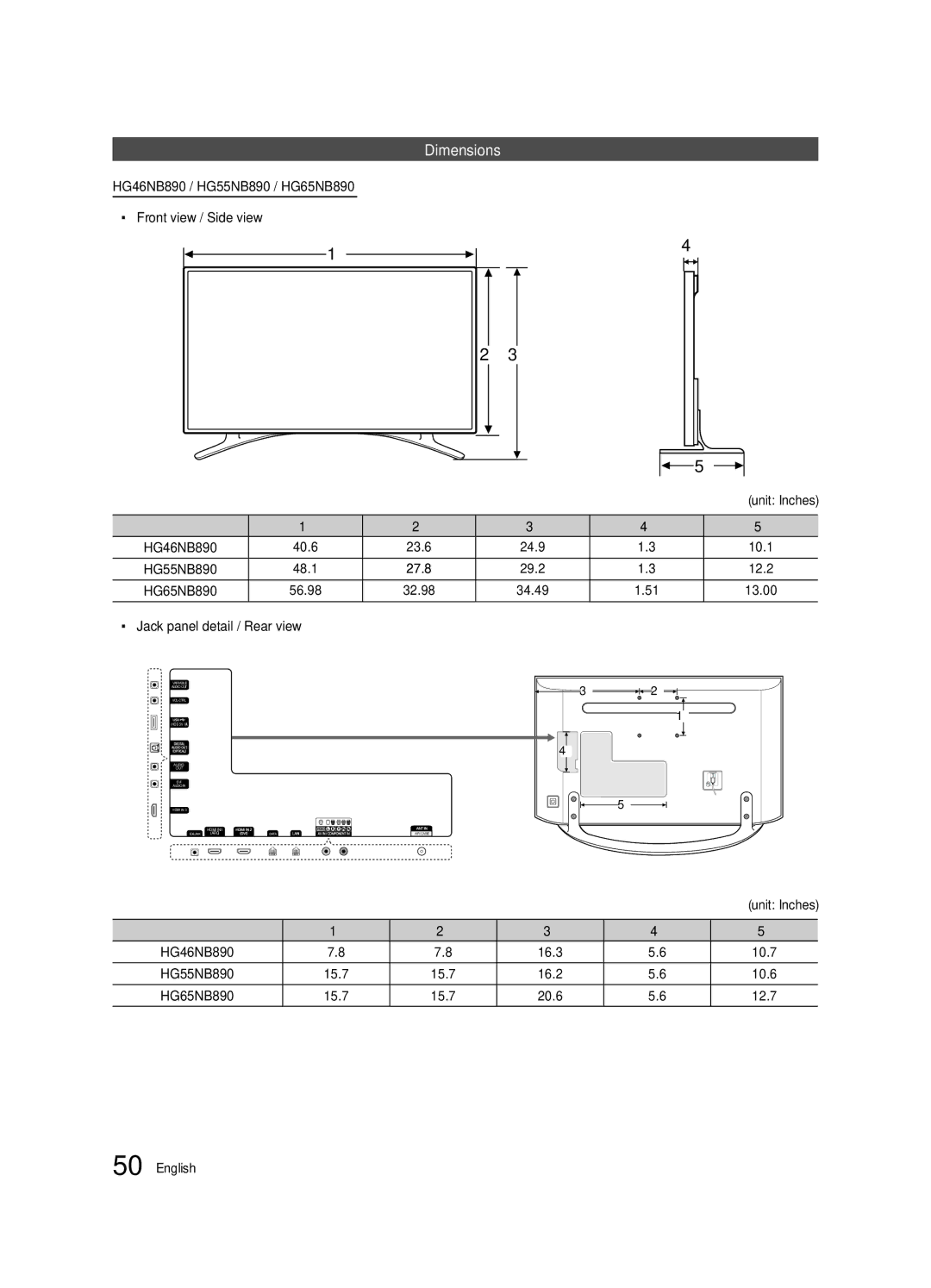 Samsung HG65NB890XFXZA, HG46NB890XFXZA installation manual Dimensions 