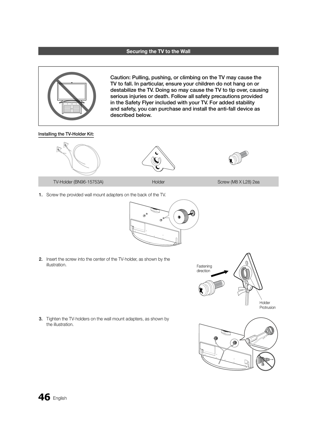 Samsung HG65NB890XFXZA, HG46NB890XFXZA installation manual Securing the TV to the Wall 