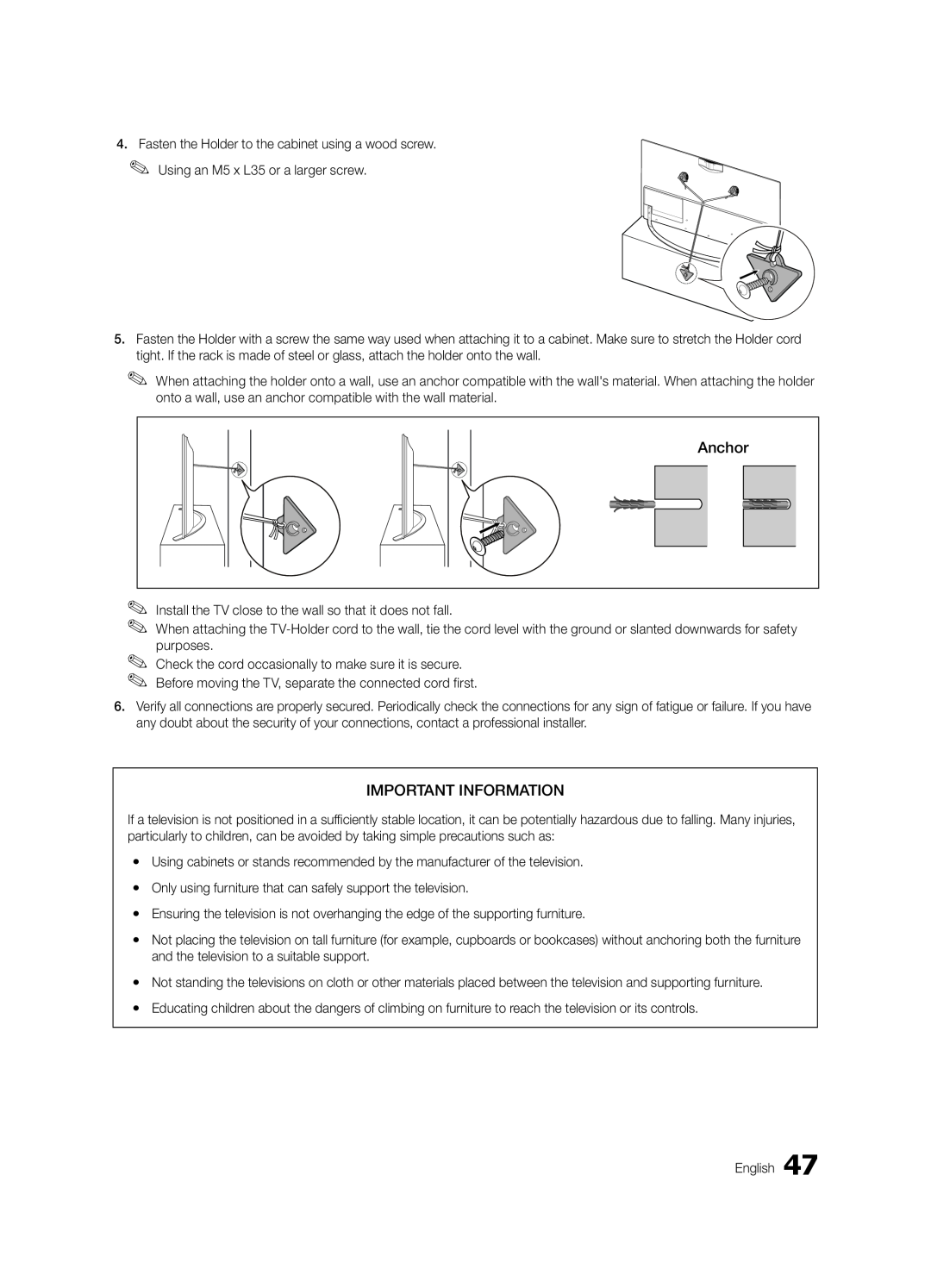 Samsung HG46NB890XFXZA, HG65NB890XFXZA installation manual Anchor, Important Information 