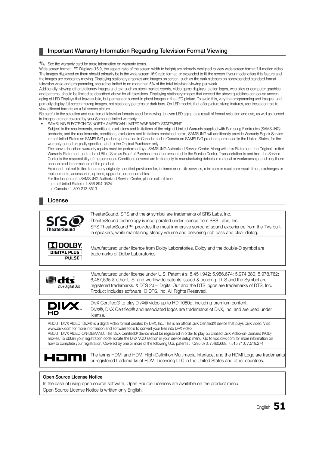 Samsung HG46NB890XFXZA, HG65NB890XFXZA Important Warranty Information Regarding Television Format Viewing, License 