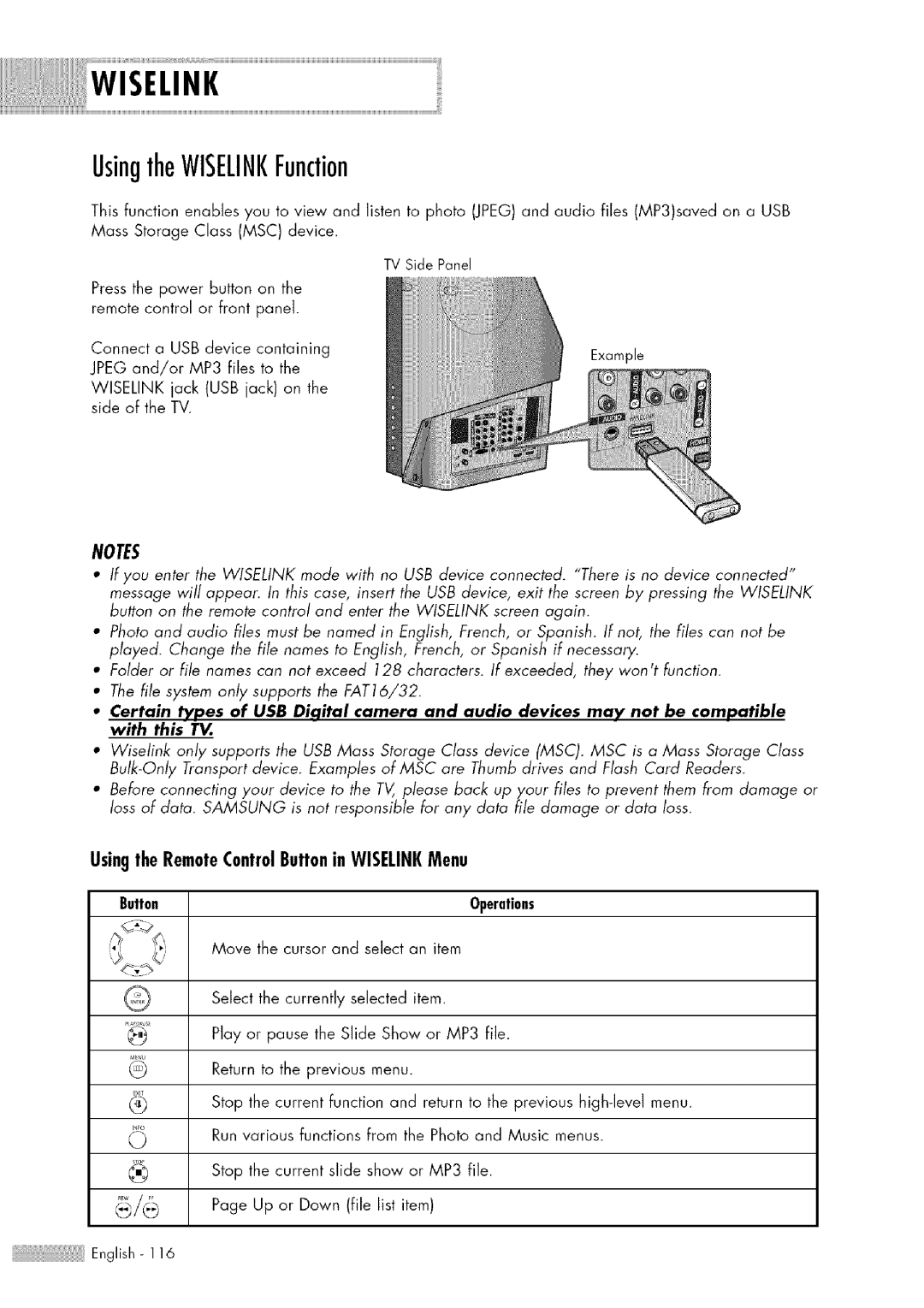 Samsung HL-$4676S manual UsingtheWISELINKFunction, UsingtheRemoteControlButtonin WISELINKMenu 