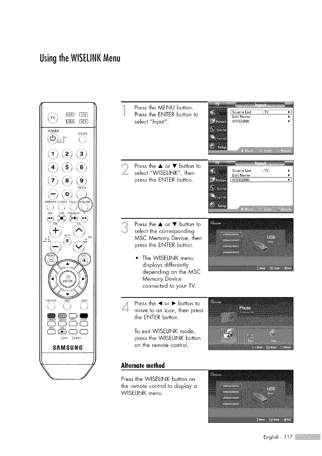 Samsung HL-$4676S manual UsingtheWISELINKMenu, SnMSUNG 