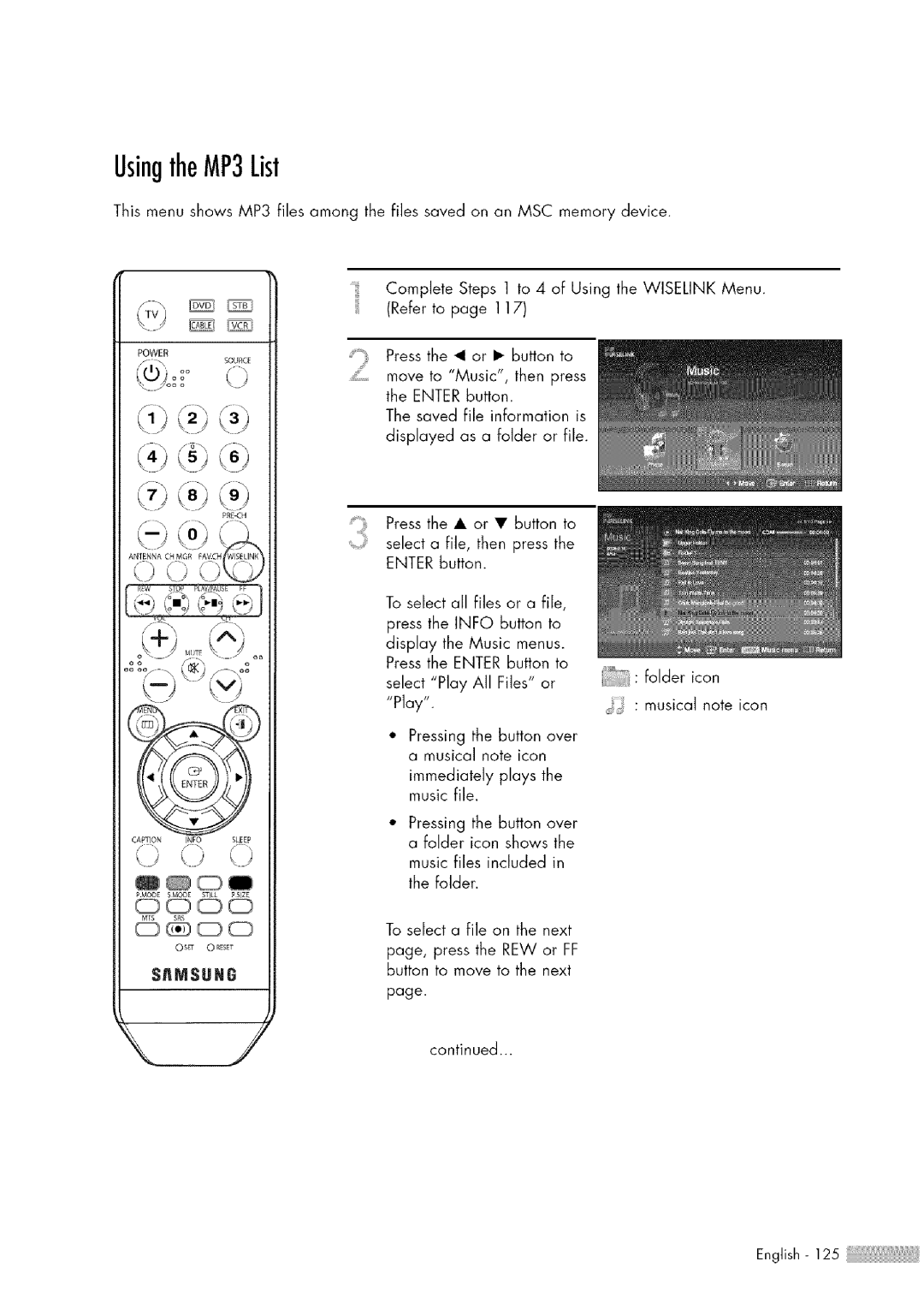 Samsung HL-$4676S manual UsingtheMP3List 