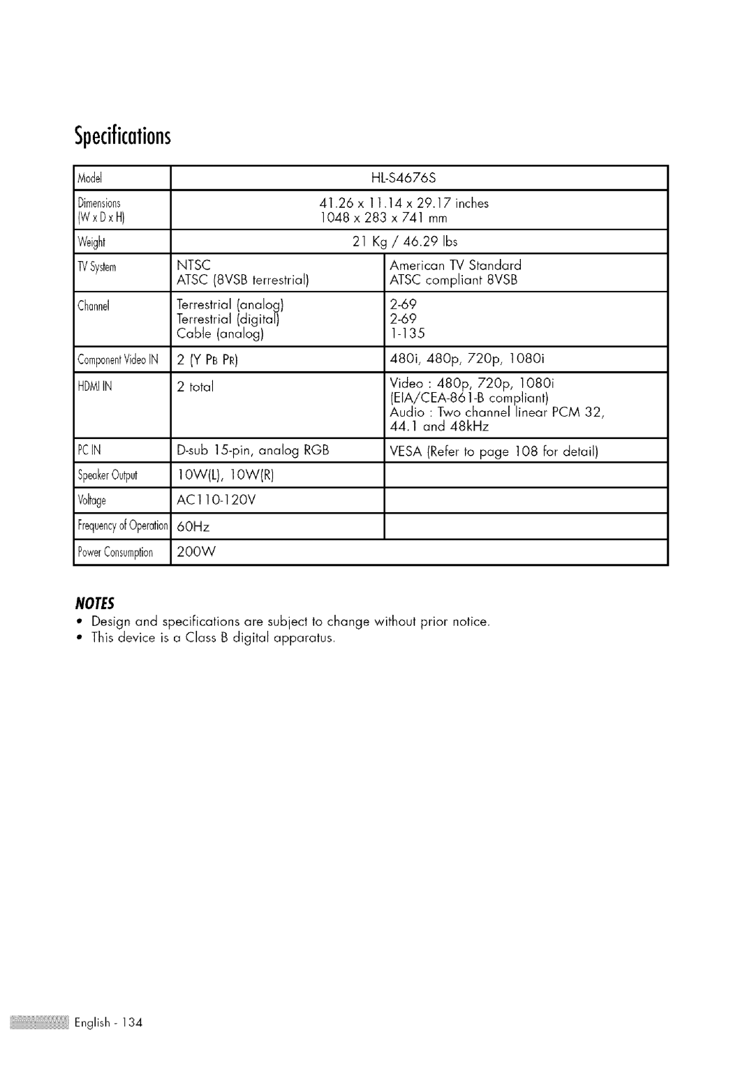 Samsung HL-$4676S manual Specifications, Ntsc 