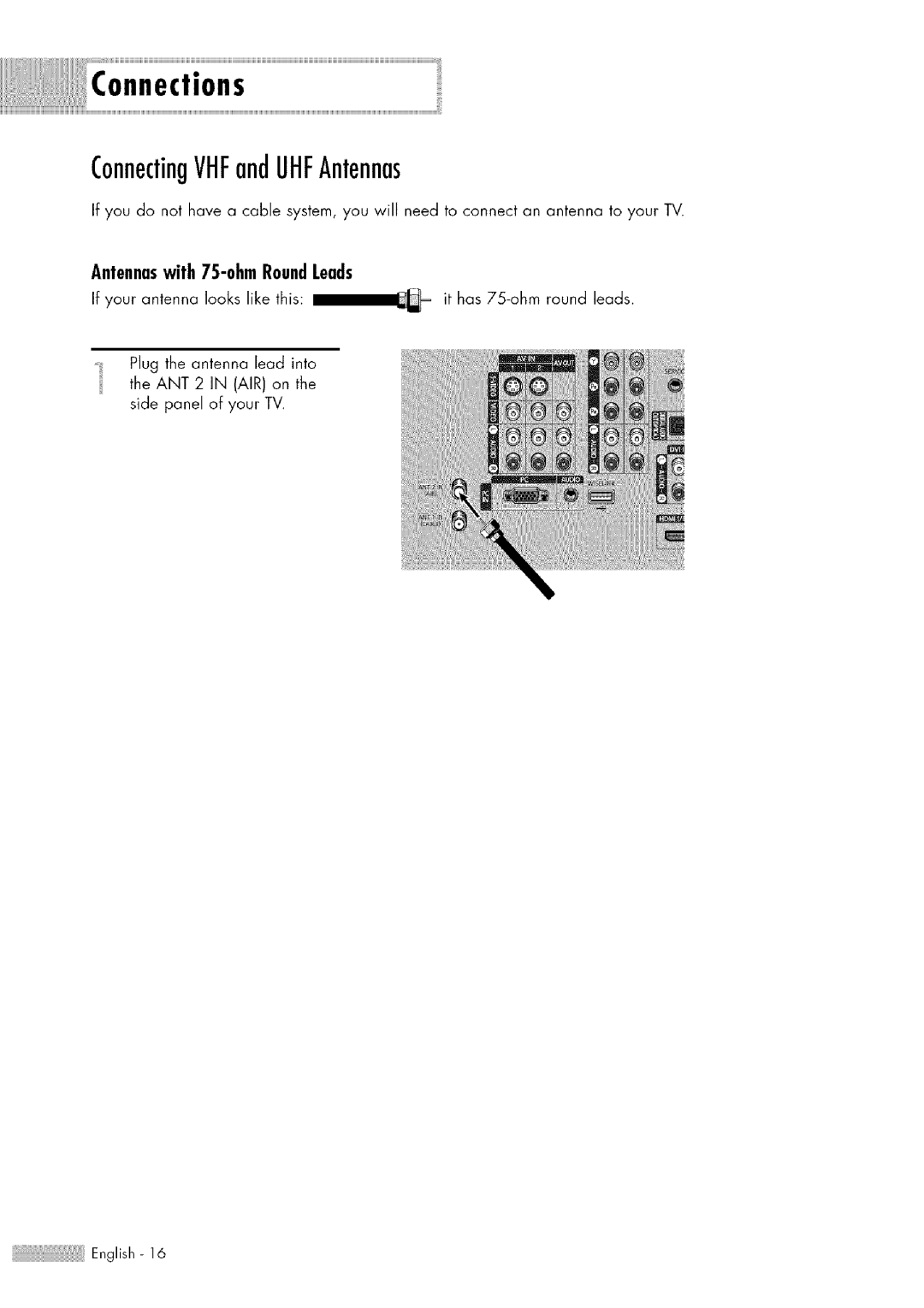 Samsung HL-$4676S manual ConnectingVHFandUHFAntennas, Antennaswith75-ohmRoundLeads 