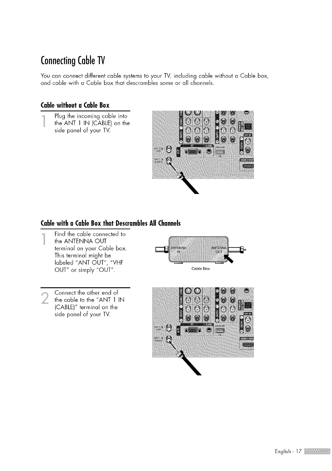 Samsung HL-$4676S manual ConnectingCableTV, Cablewithouta CableBox, Cablewitha CableBoxthatDescramblesAll Channels 