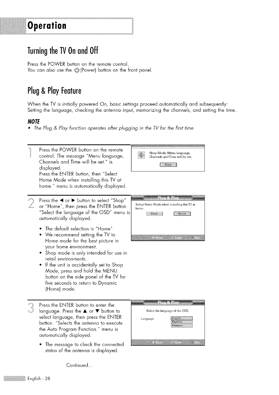 Samsung HL-$4676S manual TurningtheTVOnandOff, Plug&PlayFeature 