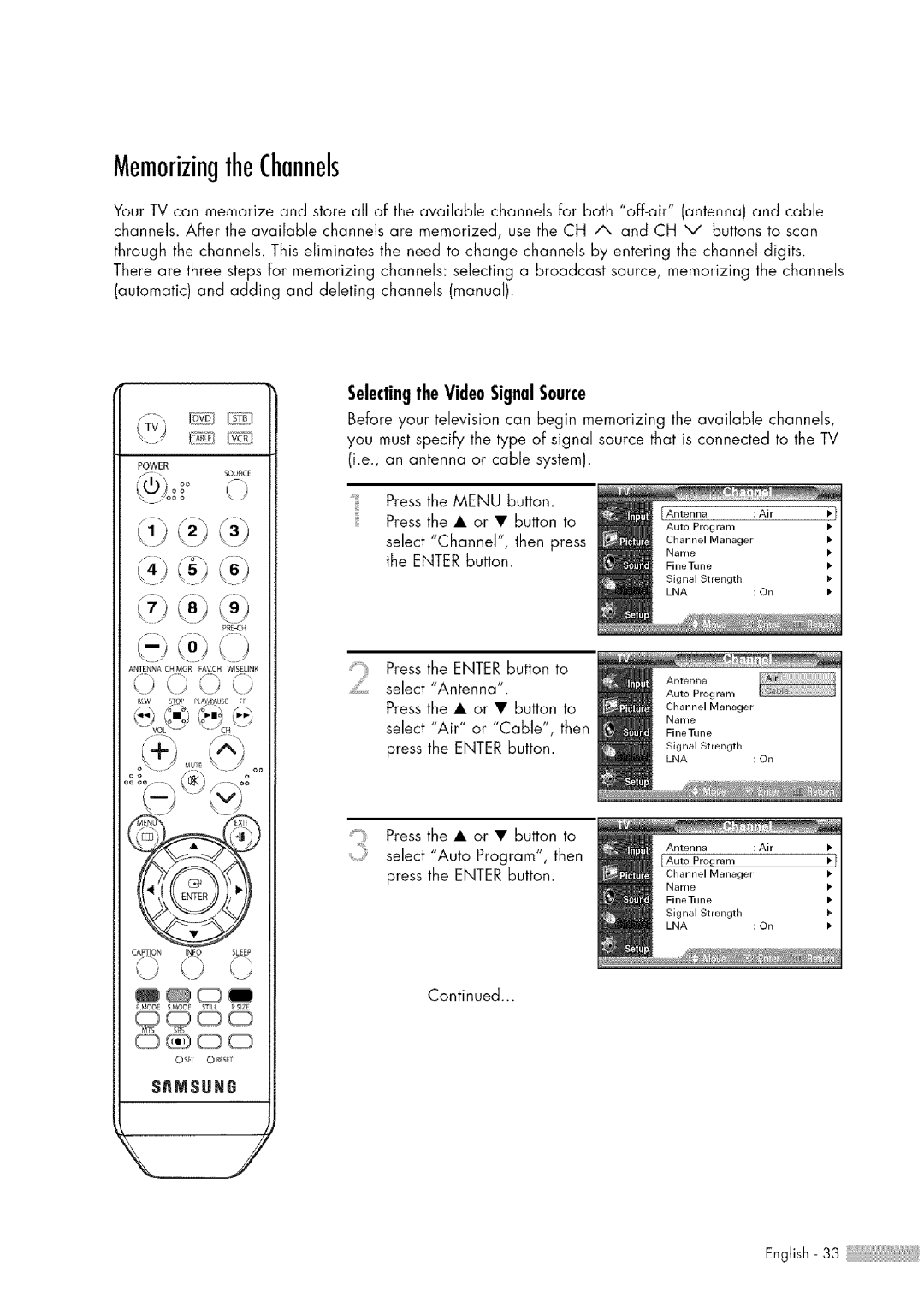 Samsung HL-$4676S manual MemorizingtheChannels, SelectingtheVideoSignalSource 