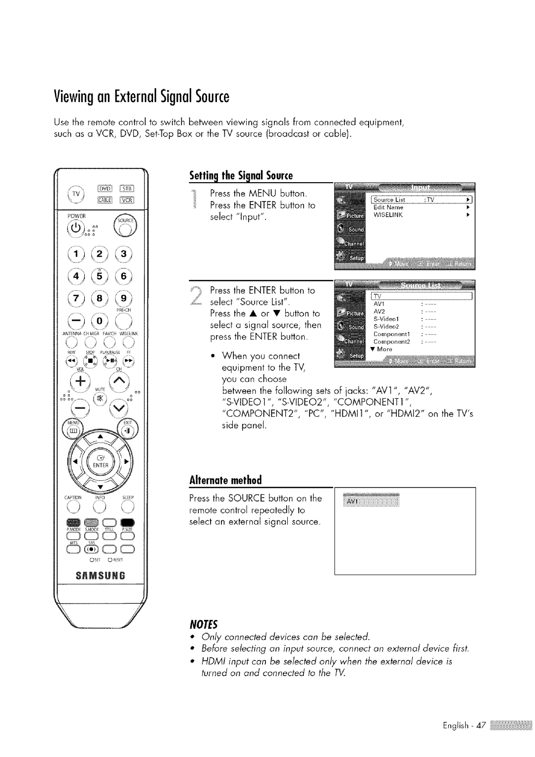 Samsung HL-$4676S manual ViewinganExternalSignalSource, Settin9 theSignalSource, Alternatemethod 