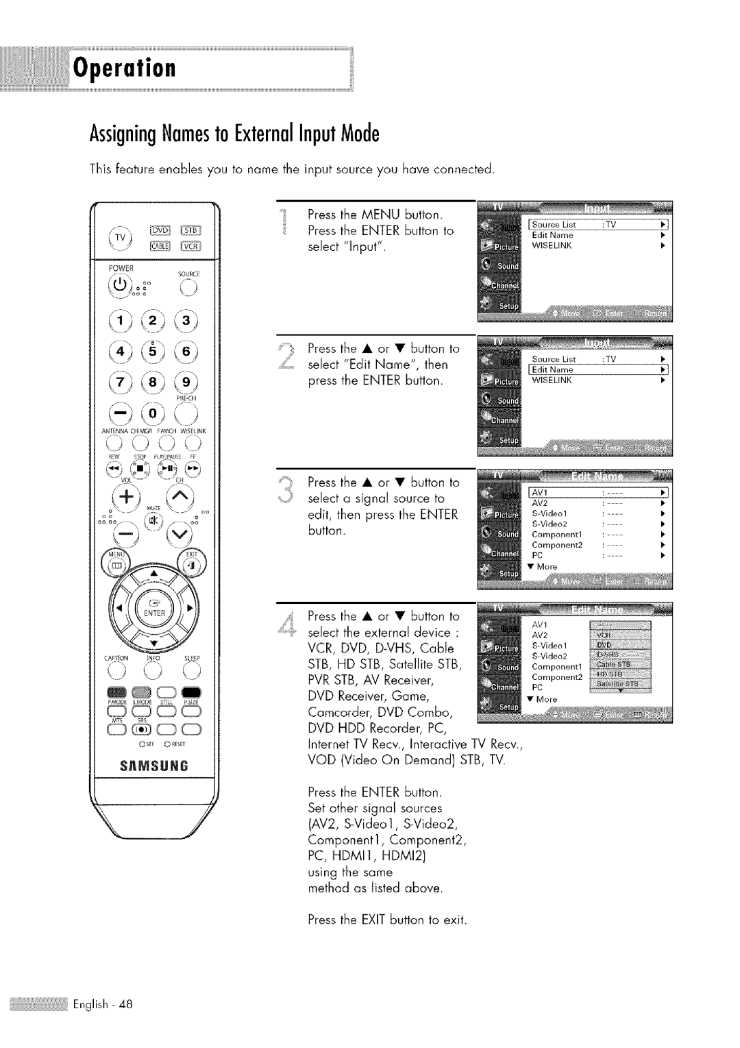 Samsung HL-$4676S manual AssigningNamestoExternalInputMode, j 