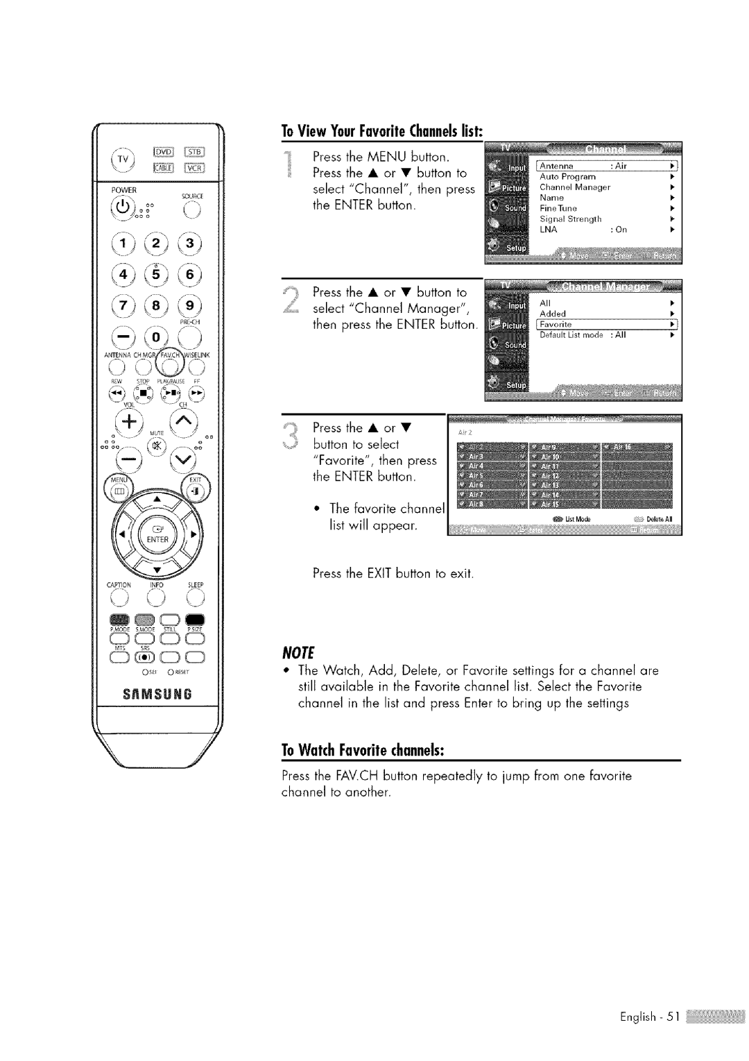 Samsung HL-$4676S manual ToWatchFavoritechannels, ToView YourFavoriteChannelslist 