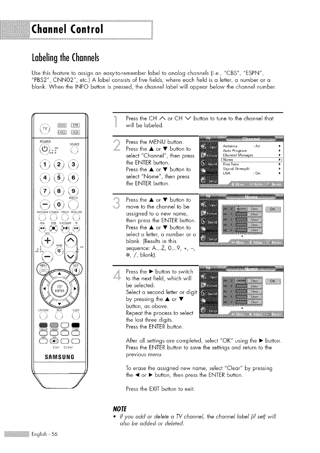 Samsung HL-$4676S manual LabelingtheChannels, £/,1 