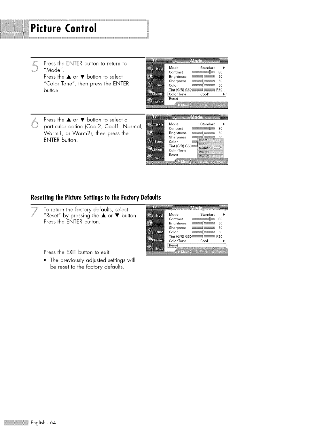 Samsung HL-$4676S manual Resettingthe PictureSettingsto the FactoryDefaults 