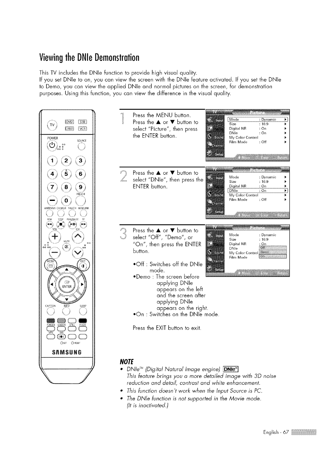 Samsung HL-$4676S manual ViewingtheDNleDemonstration 