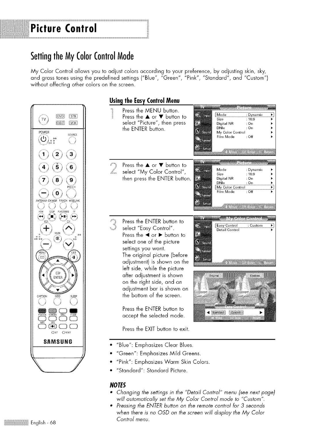 Samsung HL-$4676S manual SettingtheMyColorControlMode, Usin9 the EasyControlMenu, SnMSUN6 