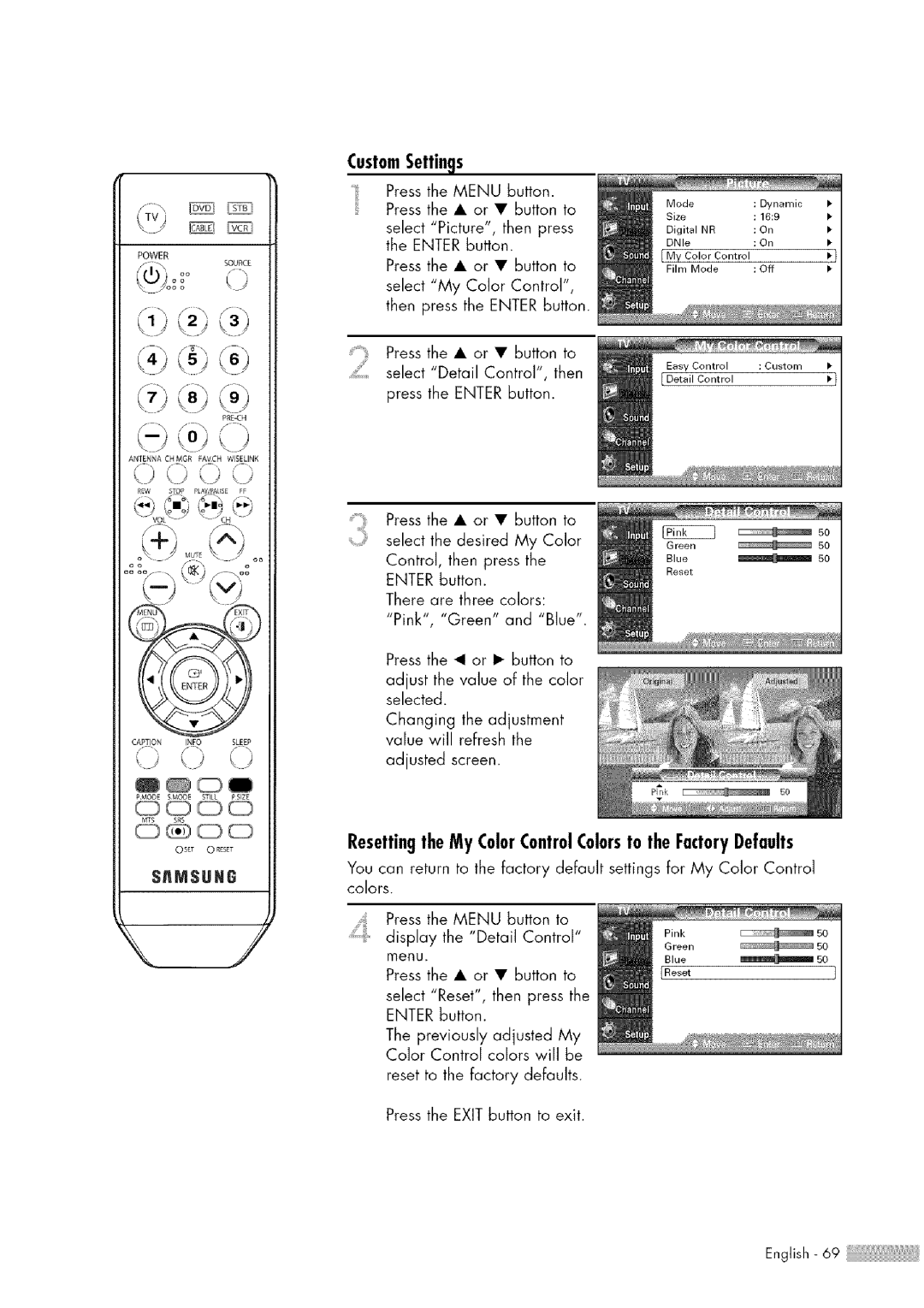 Samsung HL-$4676S manual ResettingtheMy ColorControlColorsto theFactoryDefaults, CustomSettings 