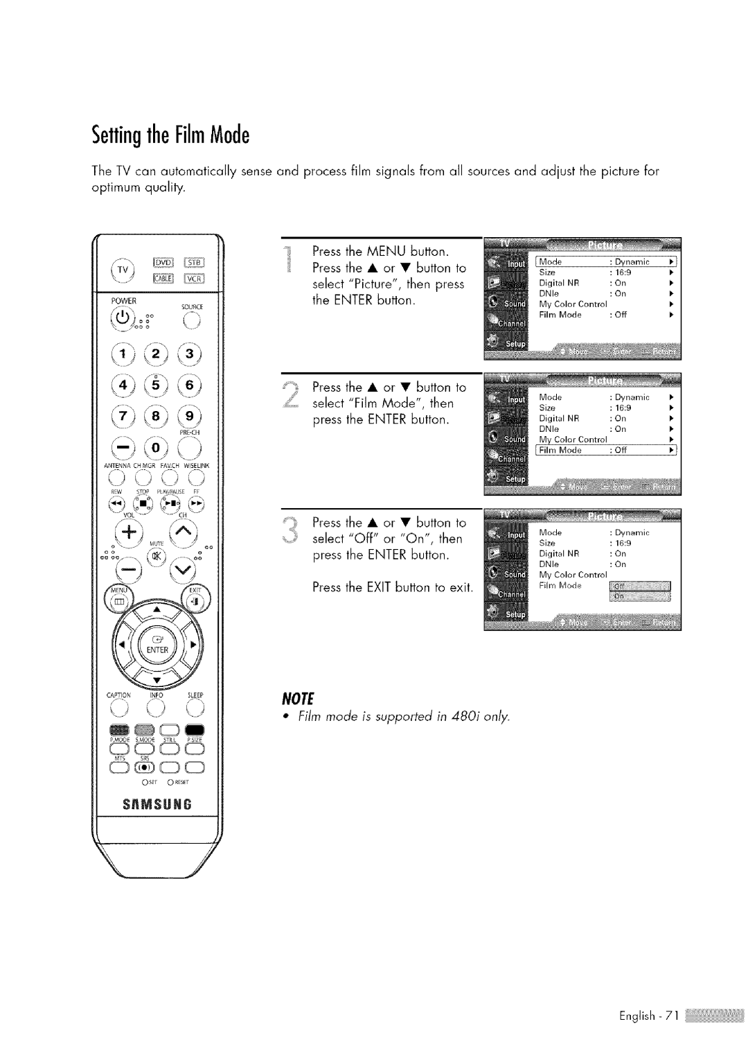 Samsung HL-$4676S manual SettingtheFilmMode, SMSUNt 