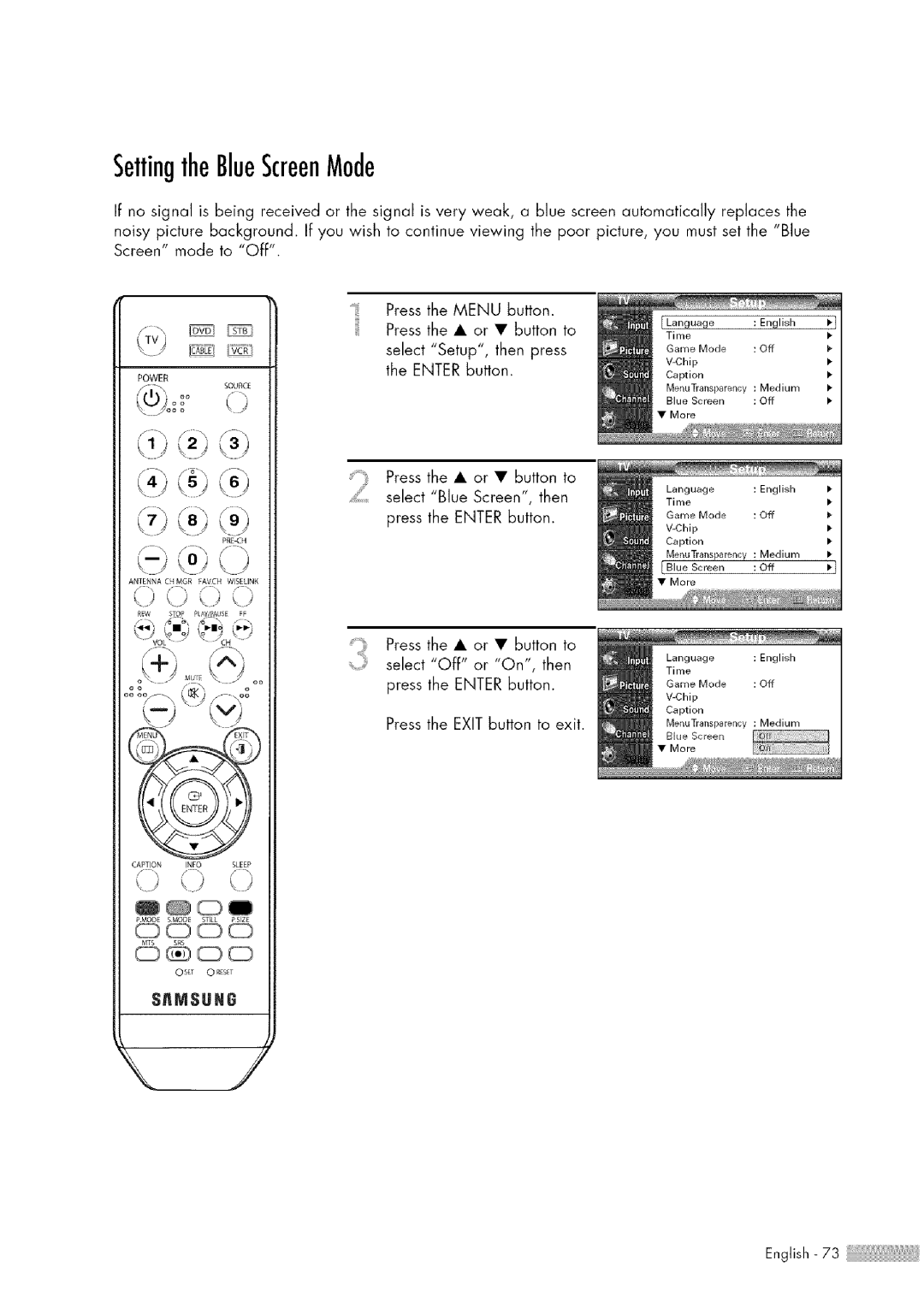 Samsung HL-$4676S manual SettingtheBlueScreenMode, SflMSUNG 