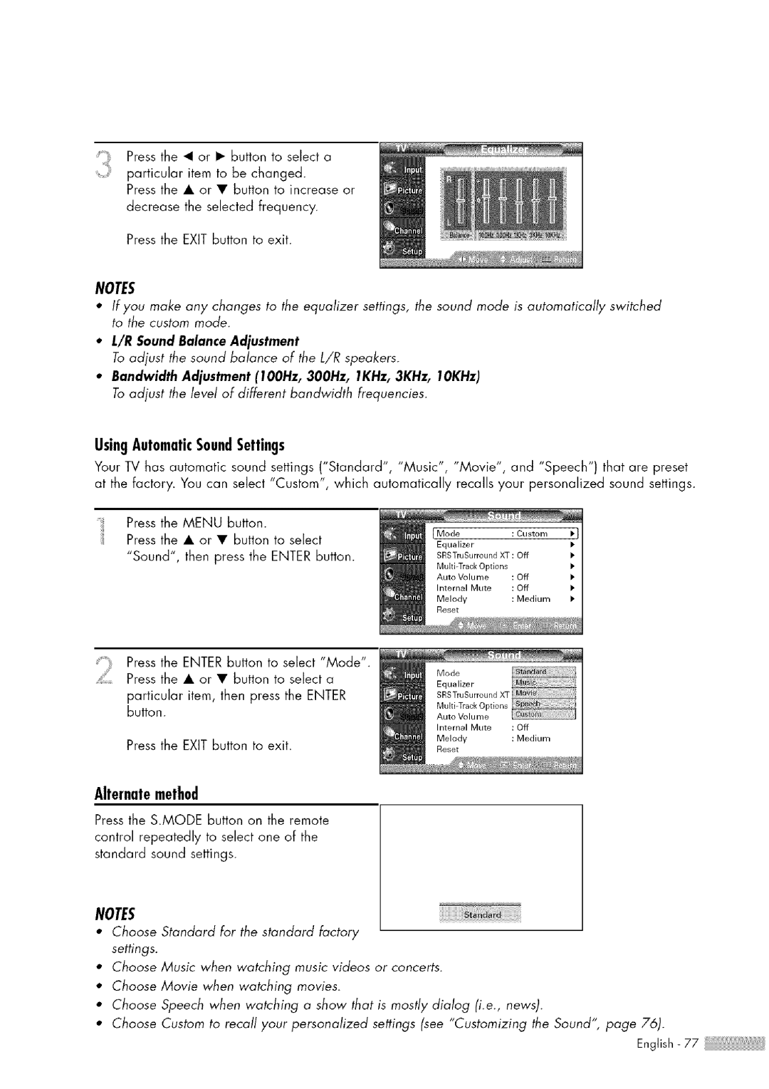 Samsung HL-$4676S manual UsingAutomaticSoundSettings, Alternatemethod 