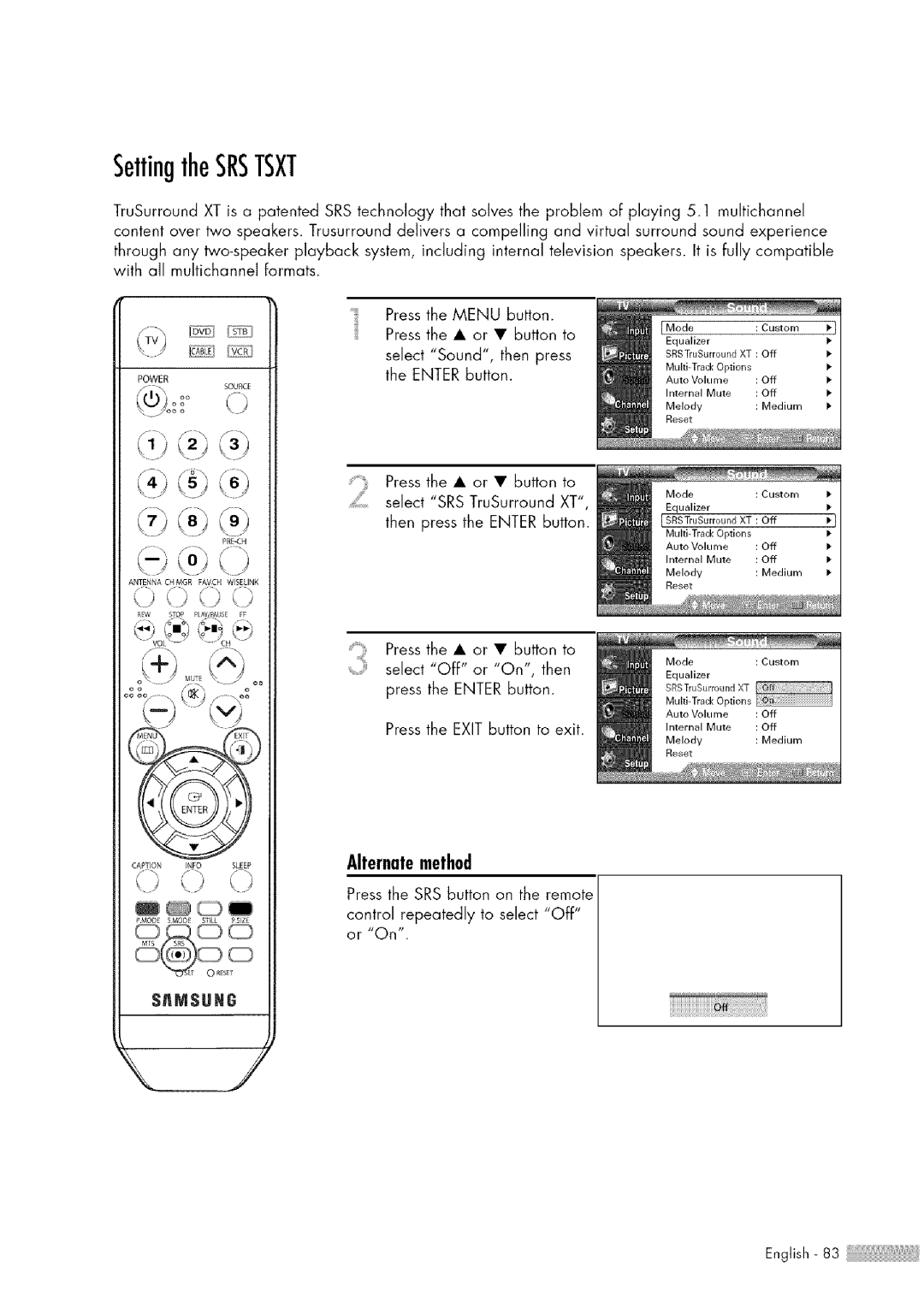 Samsung HL-$4676S manual SettingtheSRSTSXT, Alternatemethod 