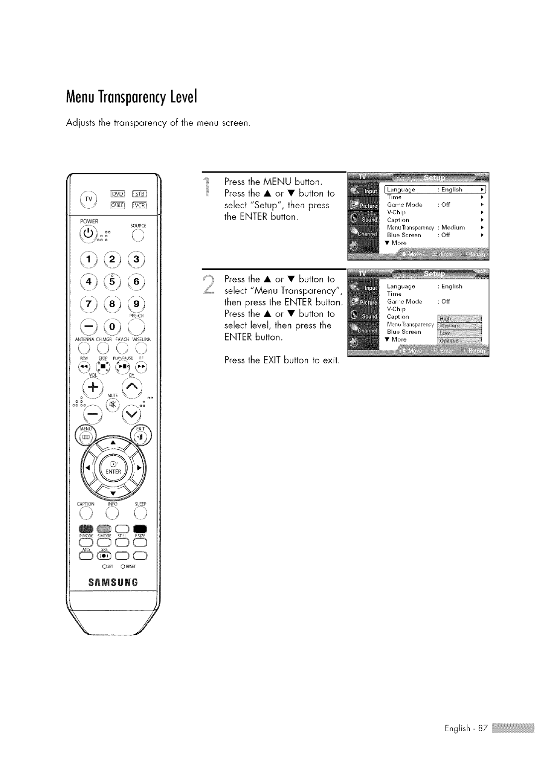 Samsung HL-$4676S manual MenuTransparencyLevel, Enter button Press the Exit button to exit 