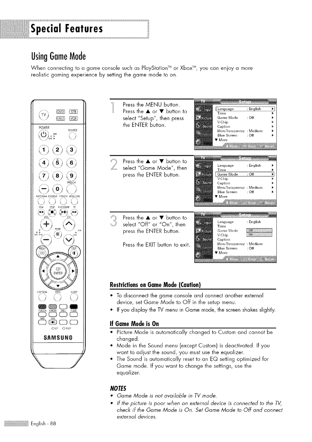 Samsung HL-$4676S manual UsingGameMode, Restrictionson GameMode Caution, If Game Modeis On 