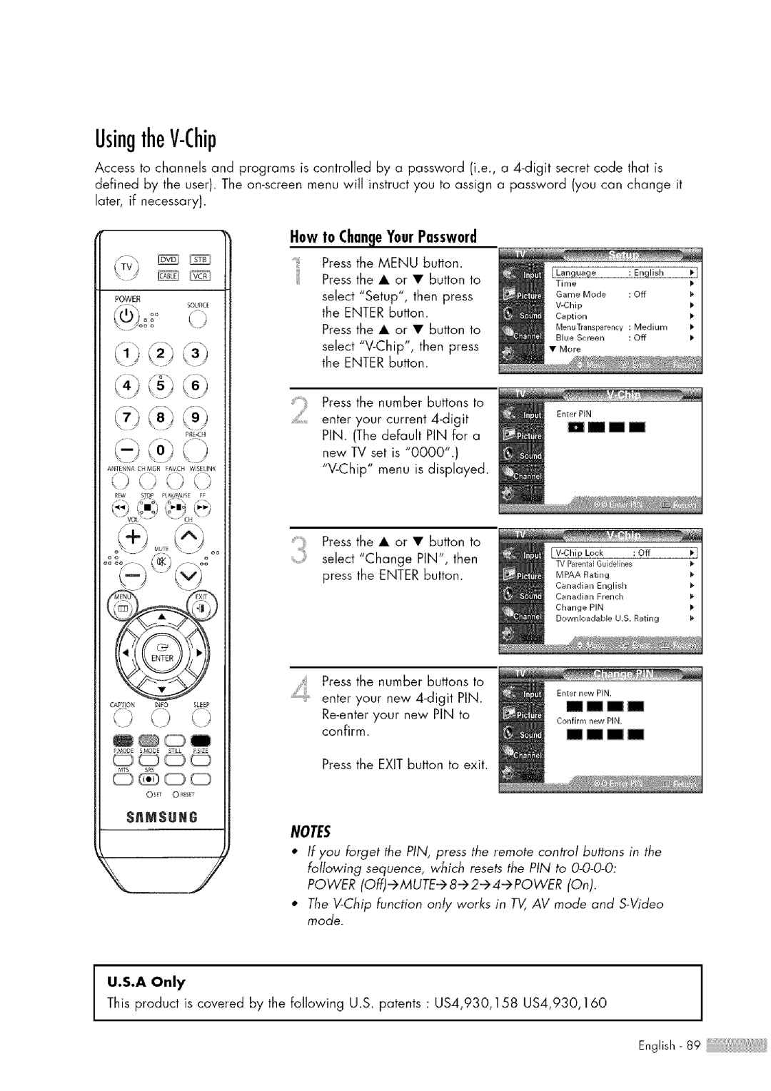 Samsung HL-$4676S manual UsingtheV-Chip, Howto ChangeYourPassword 