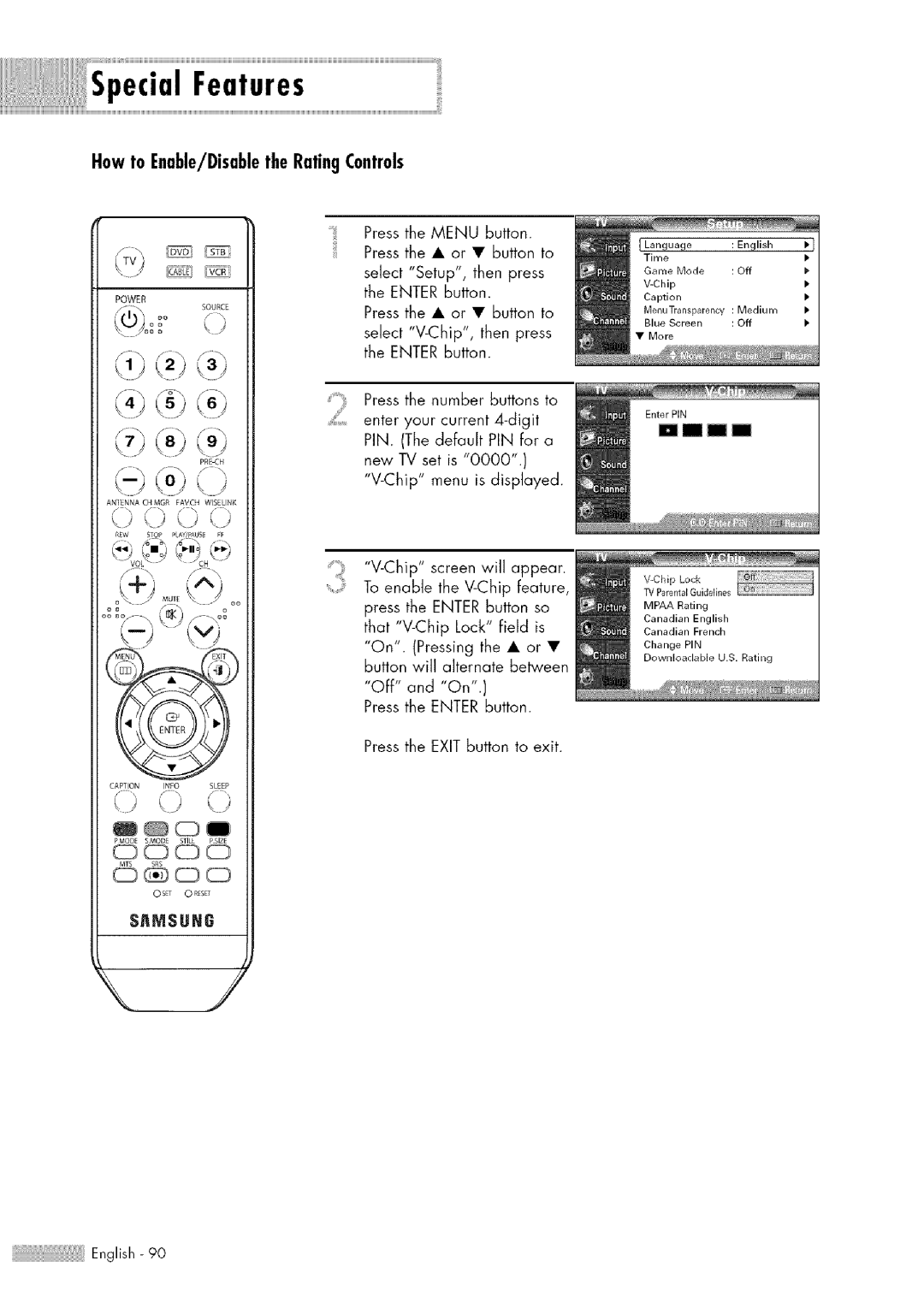 Samsung HL-$4676S manual KsP, Howto Enable/DisabletheRatingControls 