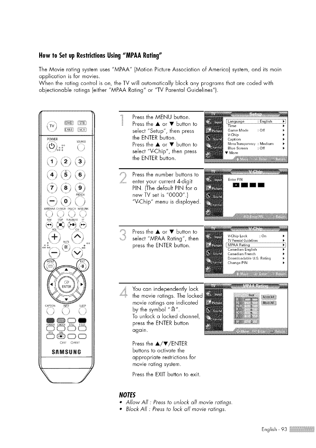 Samsung HL-$4676S manual Ik/oXoo, How to Set up RestrictionsUsingMPAA Rating 