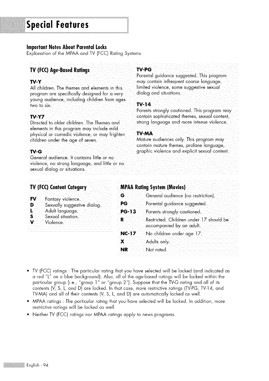 Samsung HL-$4676S ImportantNotesAboutParentalLocks, TV FCCAge-BasedRatings, TV FCCContentCategoryMPAARatingSystemMovies 