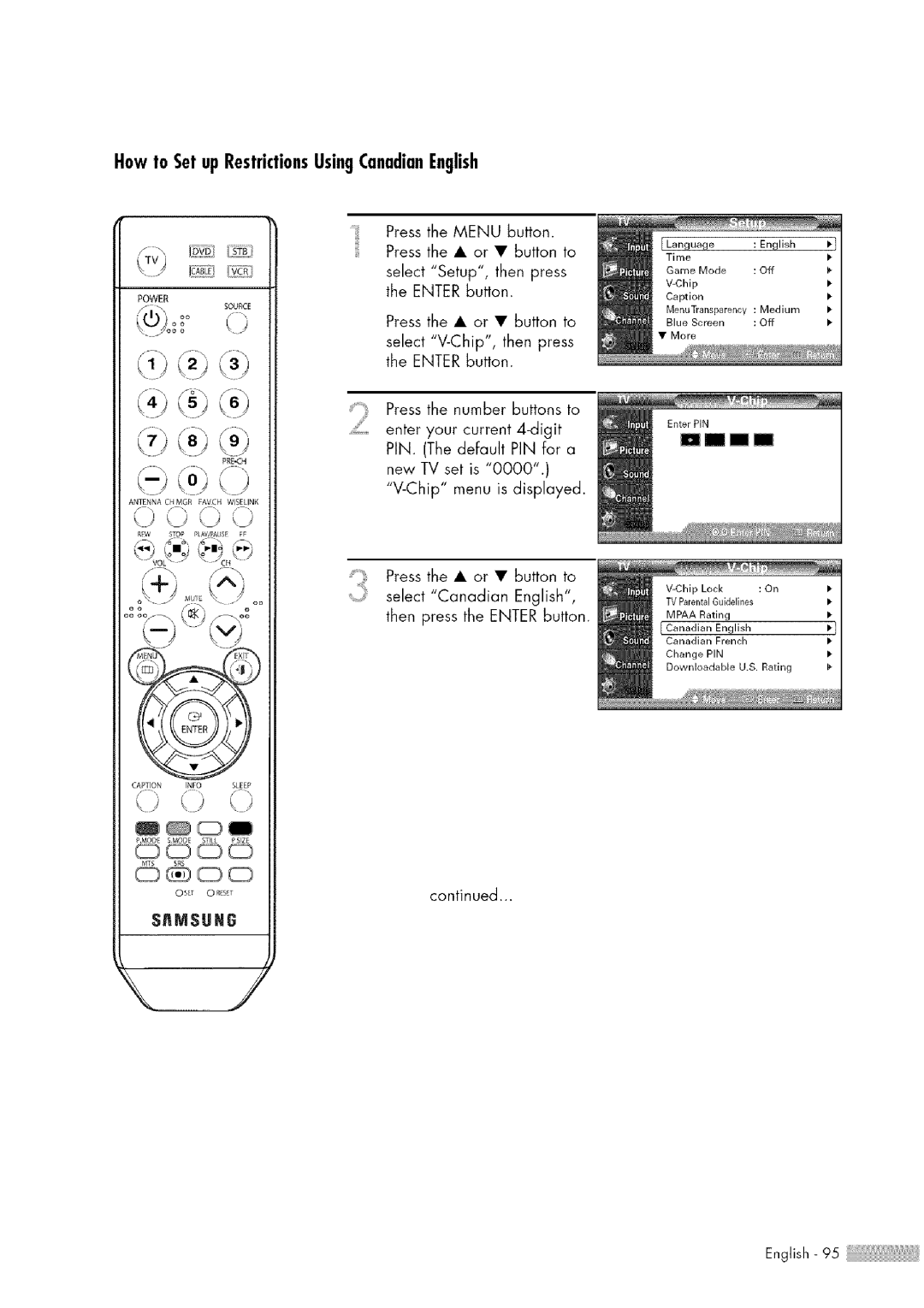 Samsung HL-$4676S manual DjoO..... j, Howto SetupRestrictionsUsingCanadianEnglish 