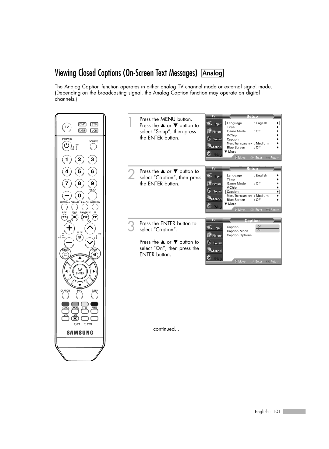 Samsung HL-54676S manual Viewing Closed Captions On-Screen Text Messages 