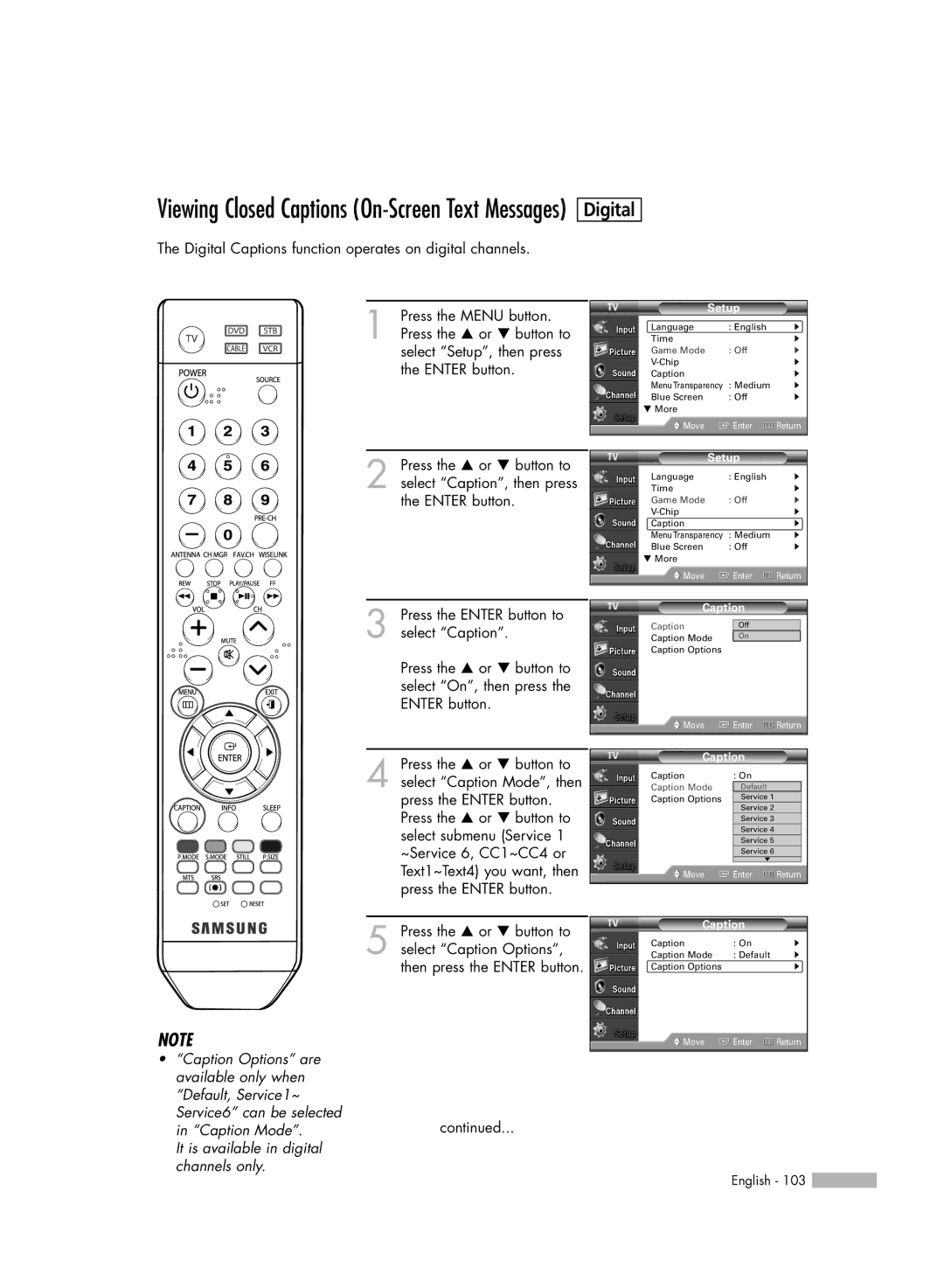 Samsung HL-54676S manual Viewing Closed Captions On-Screen Text Messages 