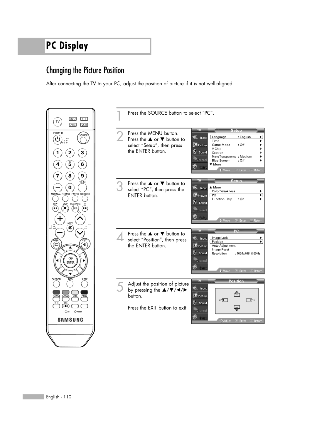 Samsung HL-54676S manual Changing the Picture Position 