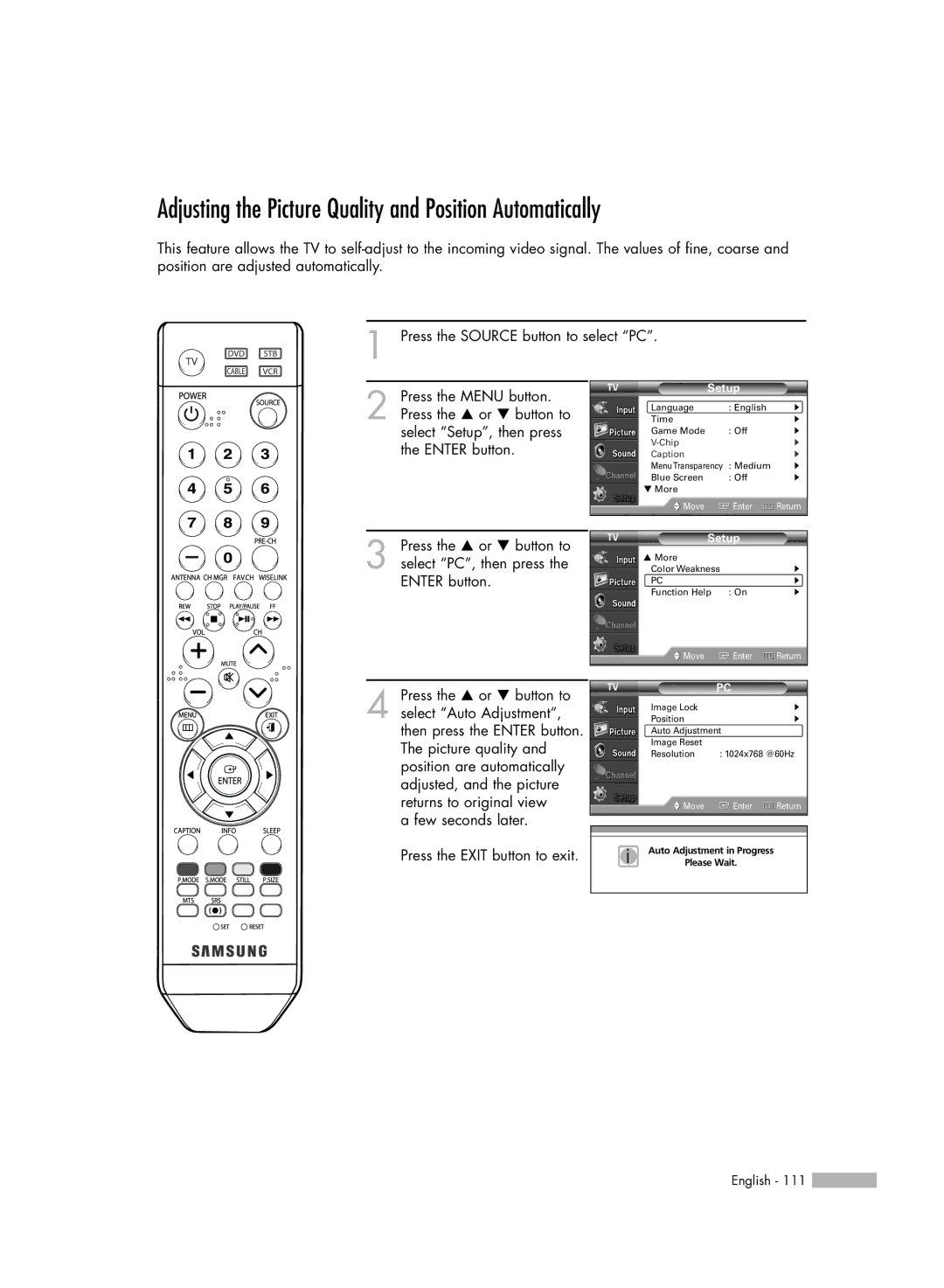 Samsung HL-54676S manual Adjusting the Picture Quality and Position Automatically 