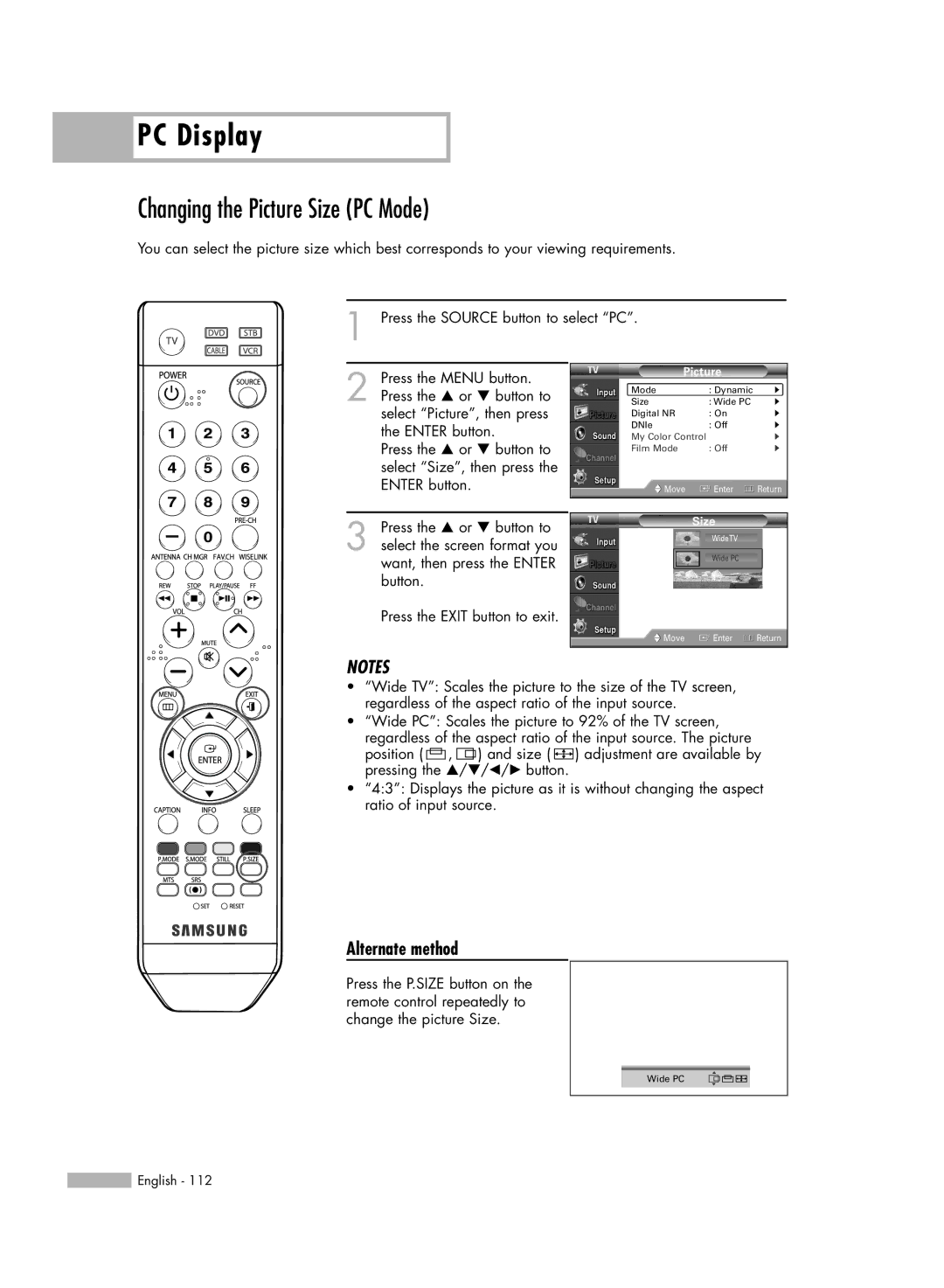 Samsung HL-54676S manual Changing the Picture Size PC Mode, Alternate method 