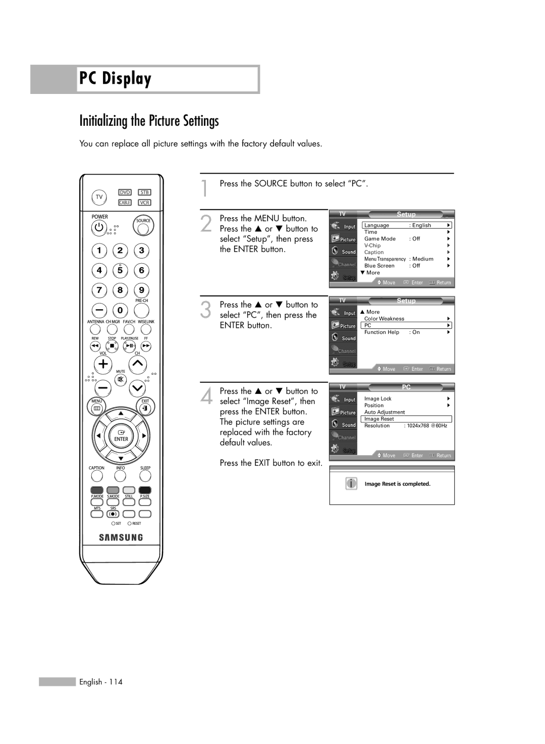 Samsung HL-54676S manual Initializing the Picture Settings 