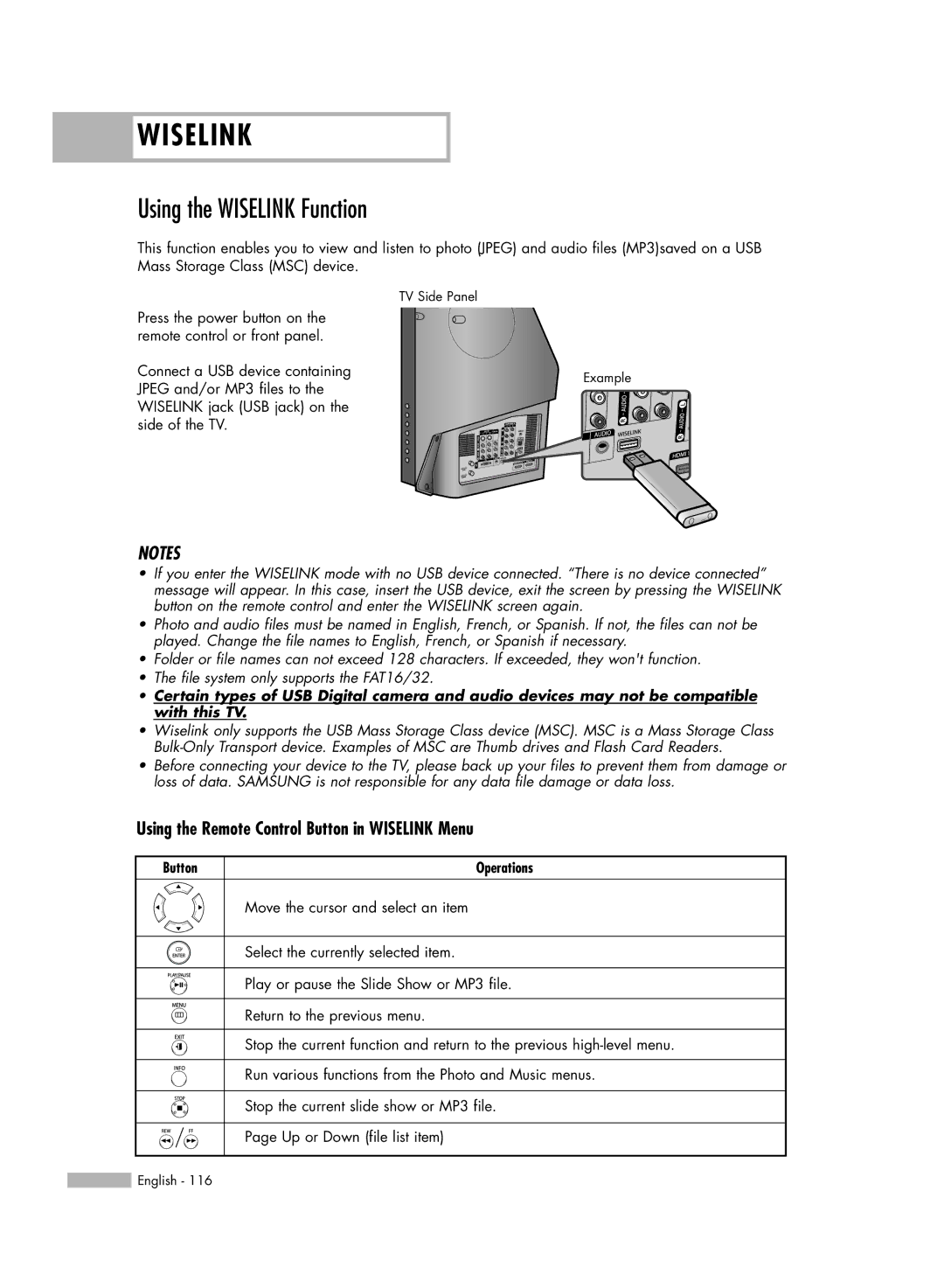 Samsung HL-54676S manual Using the Wiselink Function, Using the Remote Control Button in Wiselink Menu 