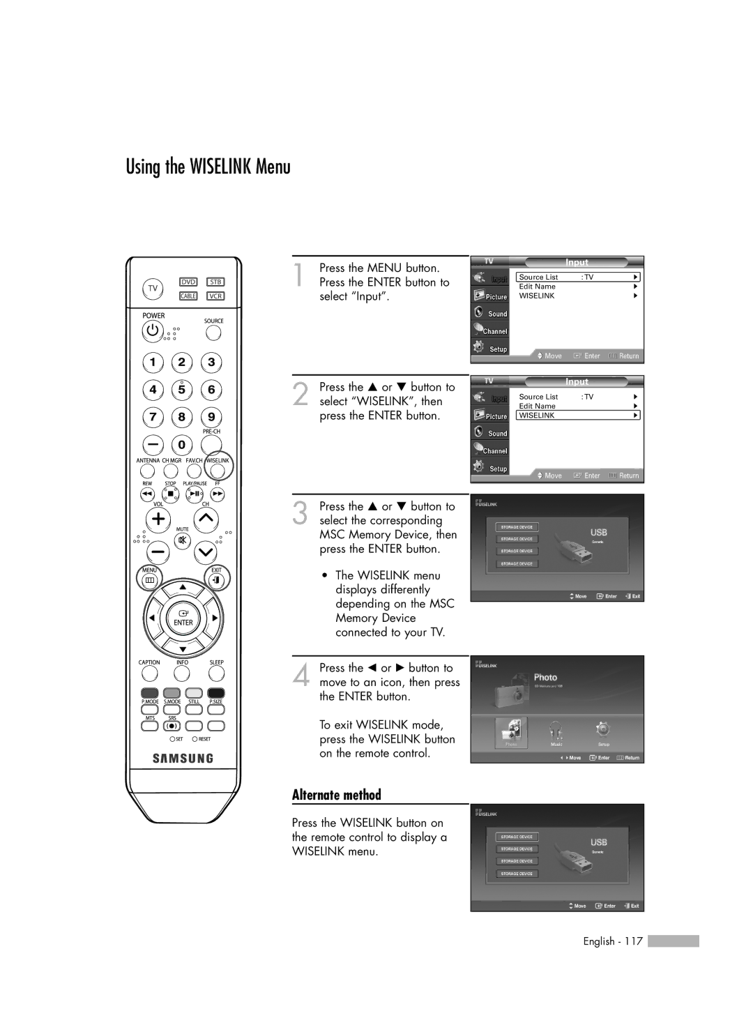 Samsung HL-54676S manual Using the Wiselink Menu, Alternate method 