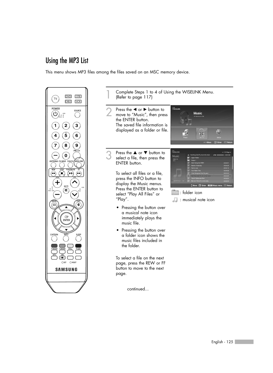 Samsung HL-54676S manual Using the MP3 List 